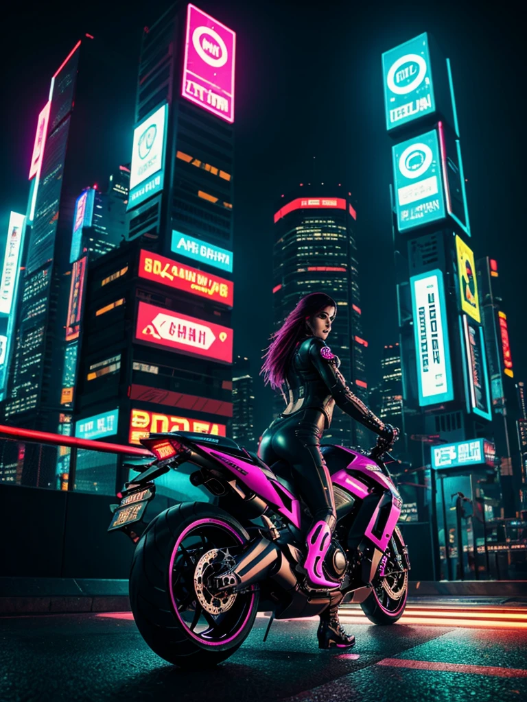 cyberpunk style city,lit with neons,a beautiful cyberpunk girl,of futuristic cyberpunk motorbike