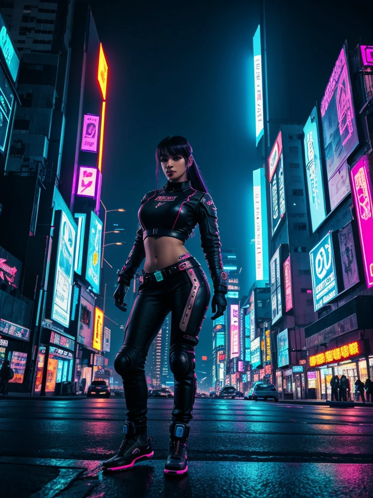 cyberpunk style city,lit with neons,a beautiful cyberpunk girl,of futuristic cyberpunk motorbike