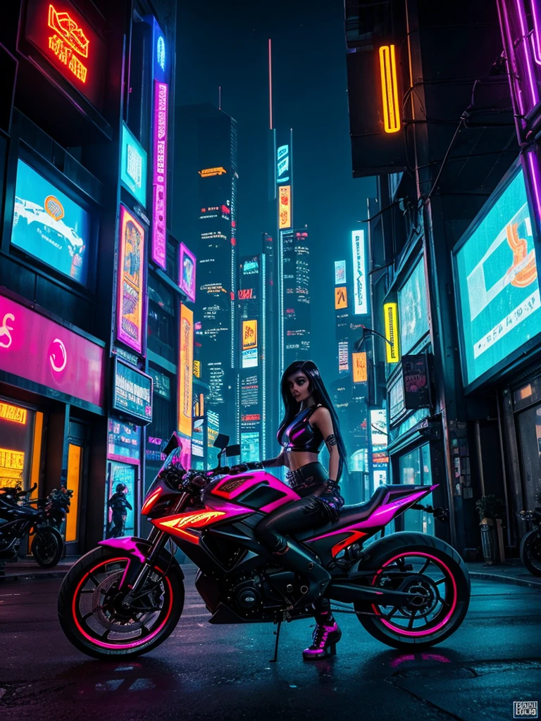 cyberpunk style city,lit with neons,a beautiful cyberpunk girl,of futuristic cyberpunk motorbike