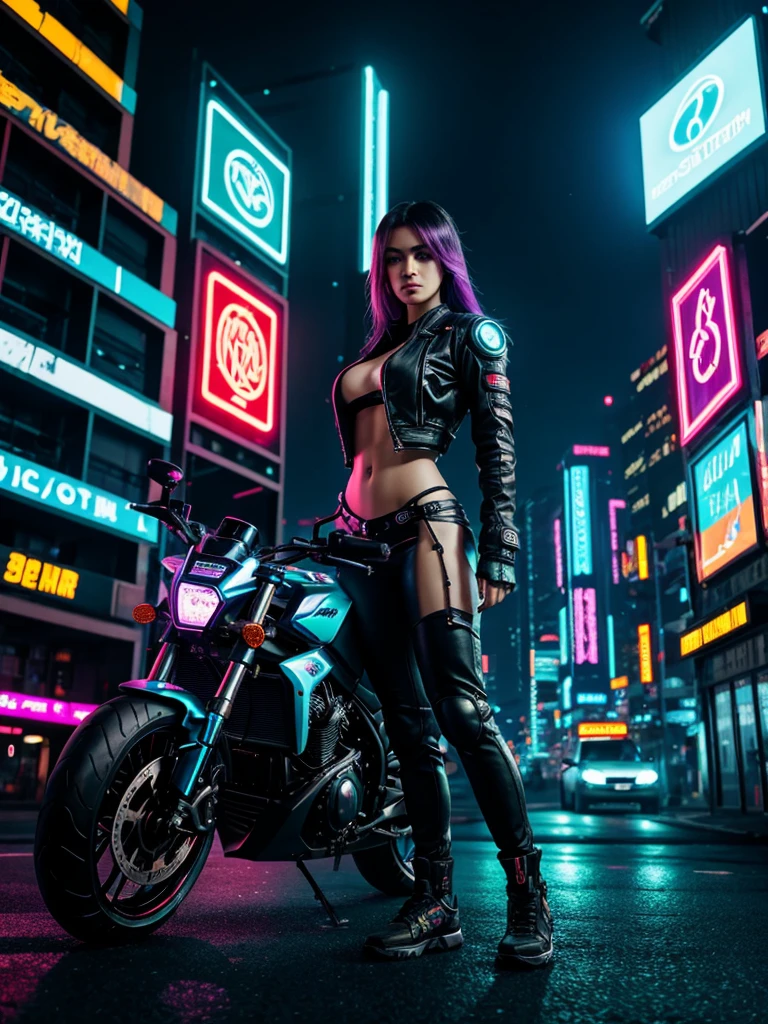 cyberpunk style city,lit with neons,a beautiful cyberpunk girl,of futuristic cyberpunk motorbike