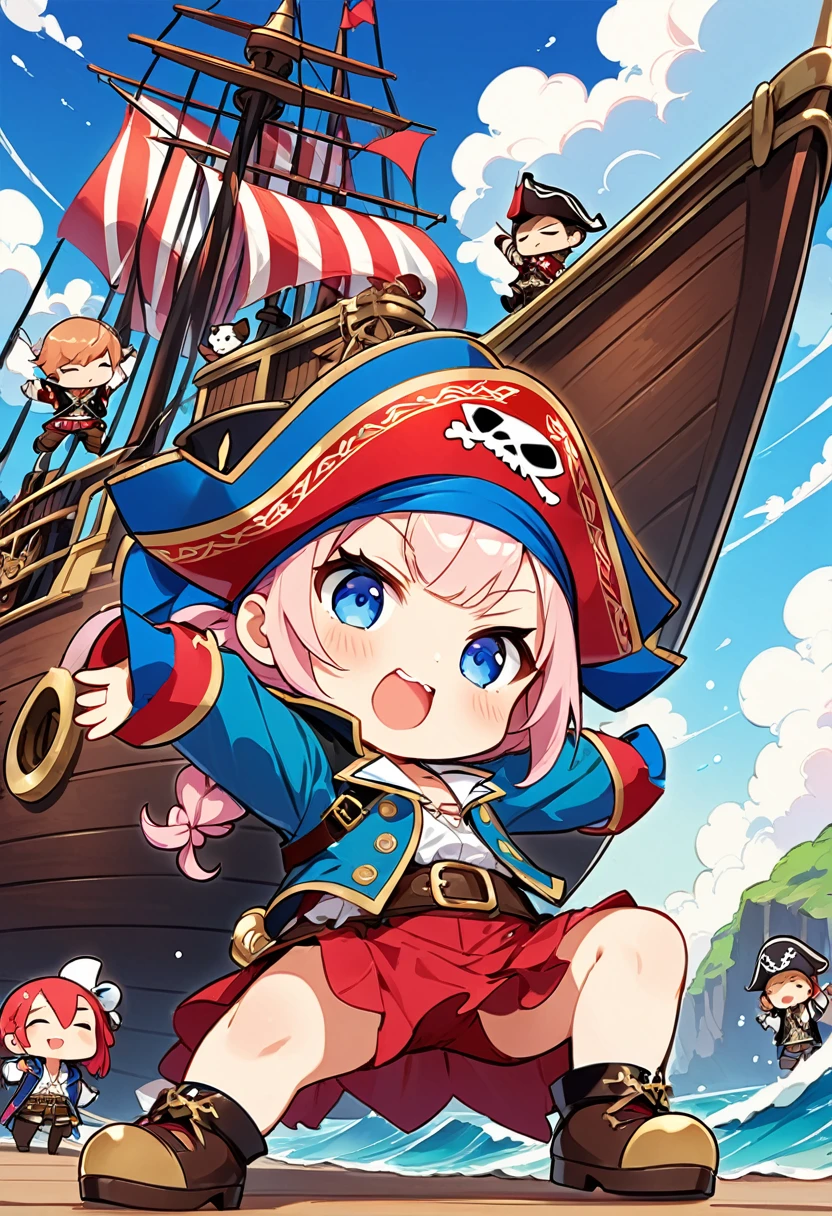 Highest quality、High resolution、Detailed Background、Beautiful face in every detail、Anatomically correct、Detailed facial expressions、fine grain、((full body, from below:1.2, back shot)), break ((One Girl:1.5)、(Chibi Girl:1.5))、Cute hair color、Big beautiful blue eyes、Fuller lips、Pink Lips、Braided twin tails、Ahoge、(pirate ship captain、Confront enemy pirates:1.2)、(Cute sleeveless pirate outfit、Cute pirate shoes)、break ((Spread your legs、Stand with your back straight、((Stretch your arms horizontally:1.2))、Winner pose))、(Get angry、Open your mouth wide、Determined look:1.2)、break (The background is a pirate ship、Calm sea、Summer Clouds)、Pirate with sword