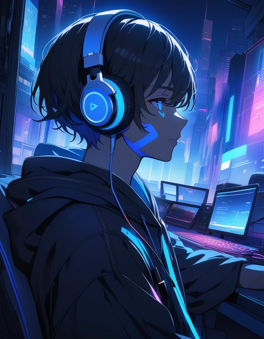 Super detailed,1 boy, alone, hoodie, Facial Contour, headphone, RGB lighting headphones, headphones with Blue lighting, headphone with cable, Blue lighting, city, night city