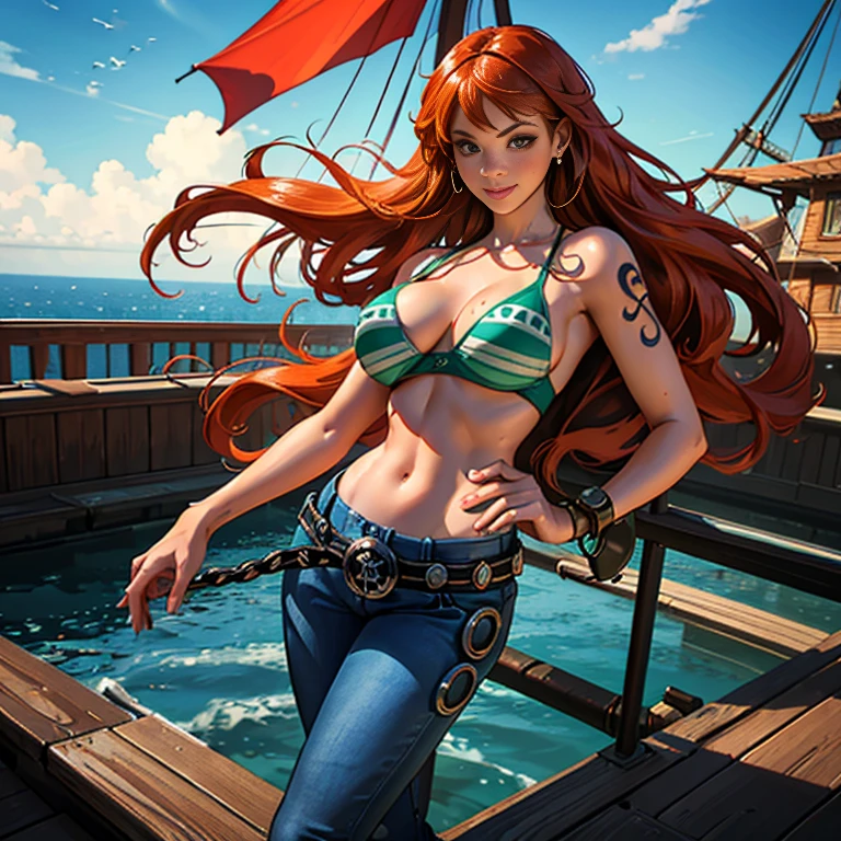 masterpiece, (Realistic:1.5), Highest quality, Beautiful lighting, Real Life, US \(one piece\), (only solo people ), 2 or more people NG, (perfect anatomy) , beautiful , , , Floating Hair, Long Orange Hair, Brown eyes, , Exposing shoulders , shoulder tattoo, large breasts , Cleavage, Slim waist, smile, , standing alone , Sweat-soaked skin, , low-rise jeans, , , 比基尼(micro:1.5, green, top only , ), full-body shot angle capturing, Wearing high heels, Detailed high heels, Bangles, bangs, Earrings, , bracelet, between legs, green belt, jewelry, Log Pause, belly button, , , , , , blue sky, cloud, big pirate ship on the sea, floor, , Detailed footwork , , , Complex, Attention to detail, Sharp focus, dramatic, (RAW Photos, 8k Ultra HD, Film Grain), Caustics, Scattered beneath the surface, reflection