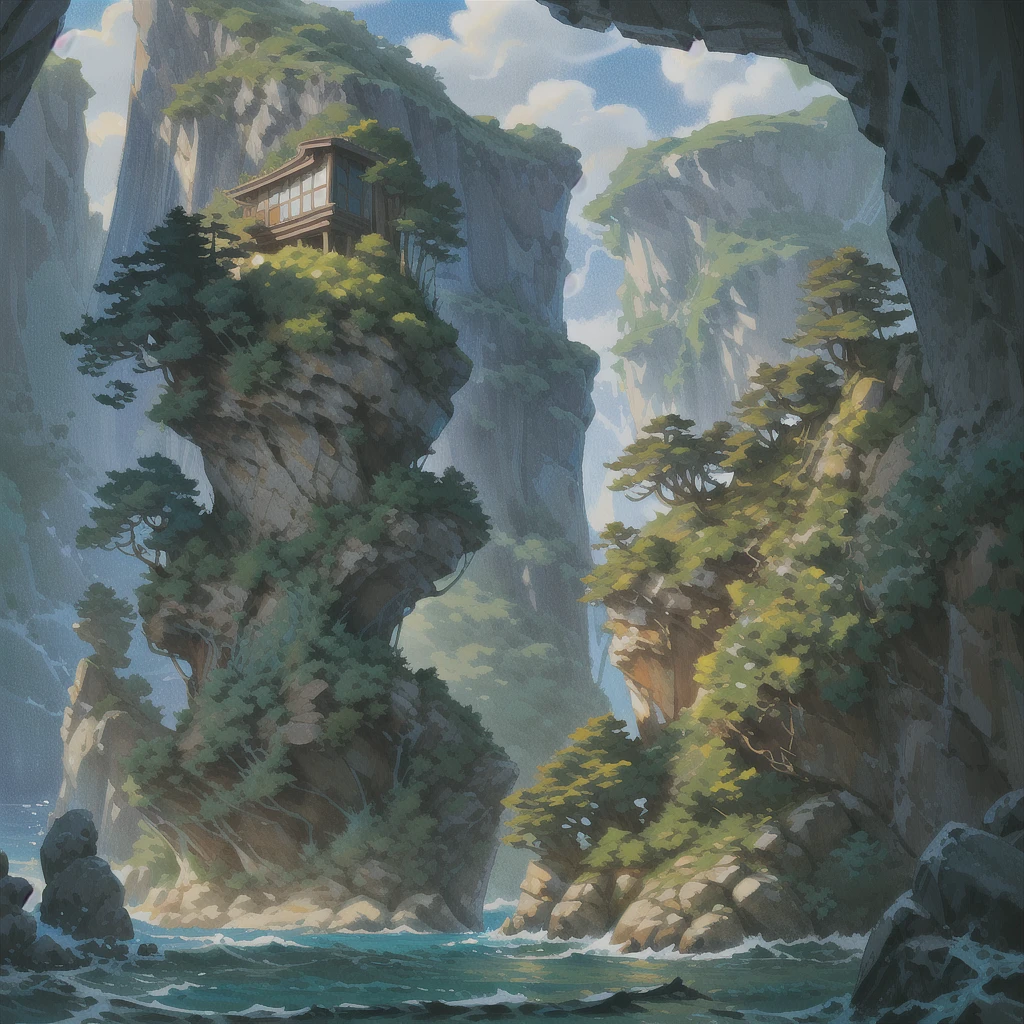 a modern futuristic design large cliff House's with a artificial waterfall and a pool in the middle, nature meets architecture, built around blue ocean, realistic beehive architecture, organic architecture, very close to real nature, breathtaking render, island with cave, stunning architecture, luxury architecture, realistic fantasy render, by Zha Shibiao, epic and stunning, architectural visualization, epic architecture, concept art. 8 k