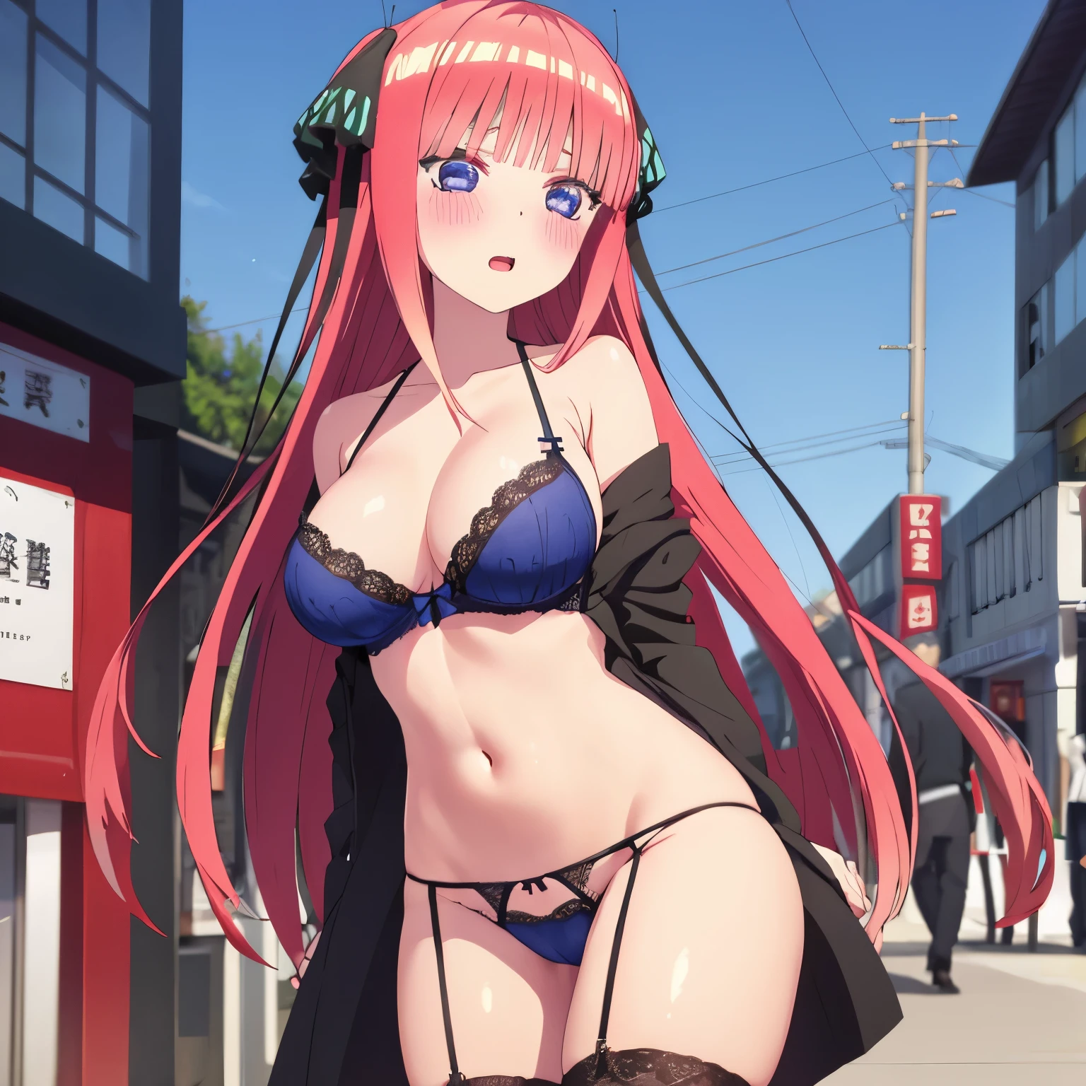best quality, insanely detailed, nino nakano, breasts, blush, public background, bare-shoulder, a ribbon, stockings, pussy, blue lingerie garterbelt, cheerful eye, nsfw, Taut Underwear