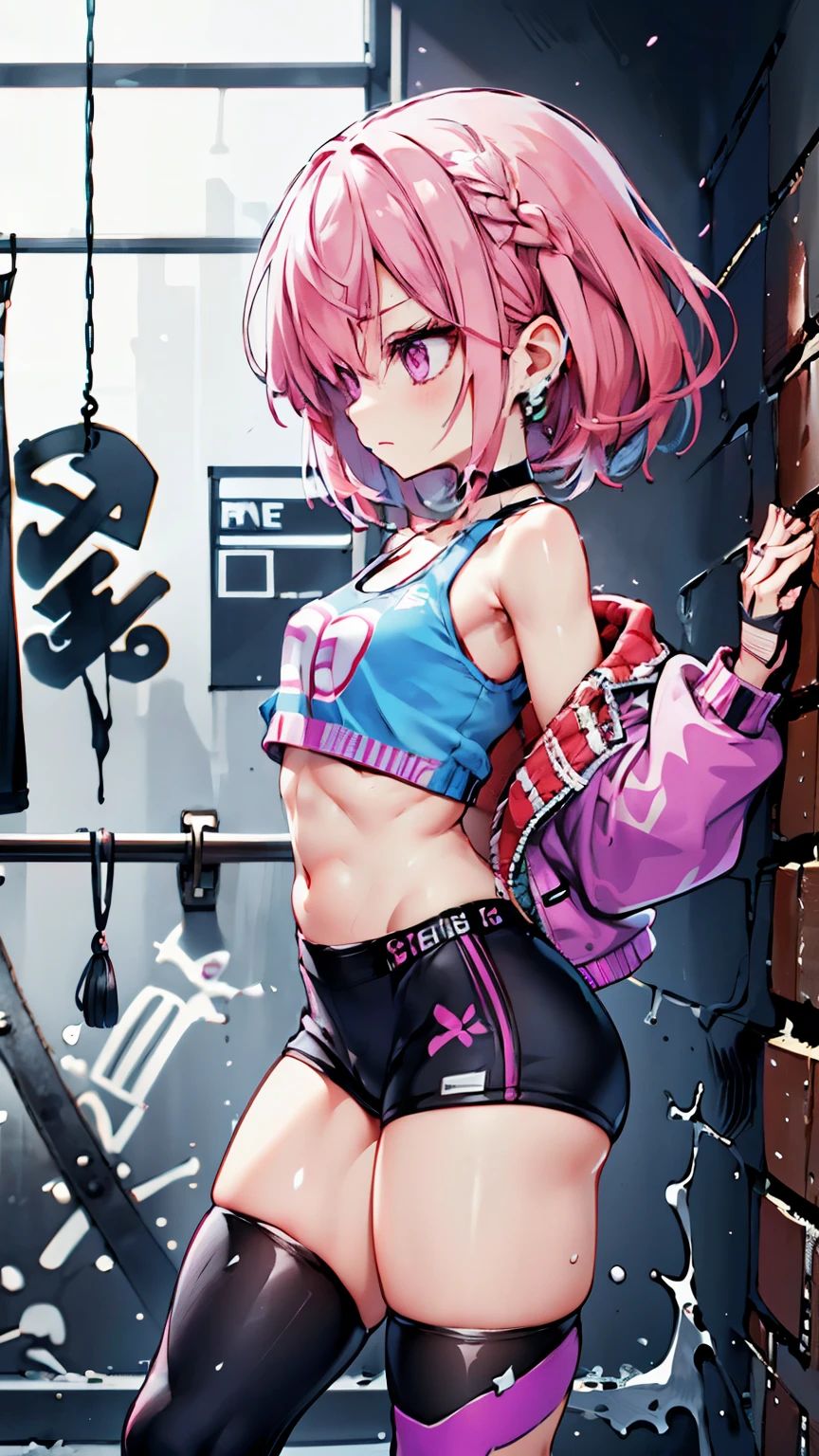 ((medium breath)),long hair, pink hair, red head ornament, pink highlights, hair over one eye,purple eyes, earrings, sharp eyes, choker, neon shirt, open jacket, crop top, (symmetry eyes),(perfect symmetrical body),against wall, brick wall, graffiti, dim lighting, alley ,side view , woman at a gym, cute, front Pose, fitness girl, side profile overview, standing, erect Pose, symetrical, fitness model, skinny, Red sneakers, best qualityer, relaxed arms, hands down, ankle, fullbody view, stand straight with your back upright. Keep your shoulders back and maintain a straight line from your head to your feet.