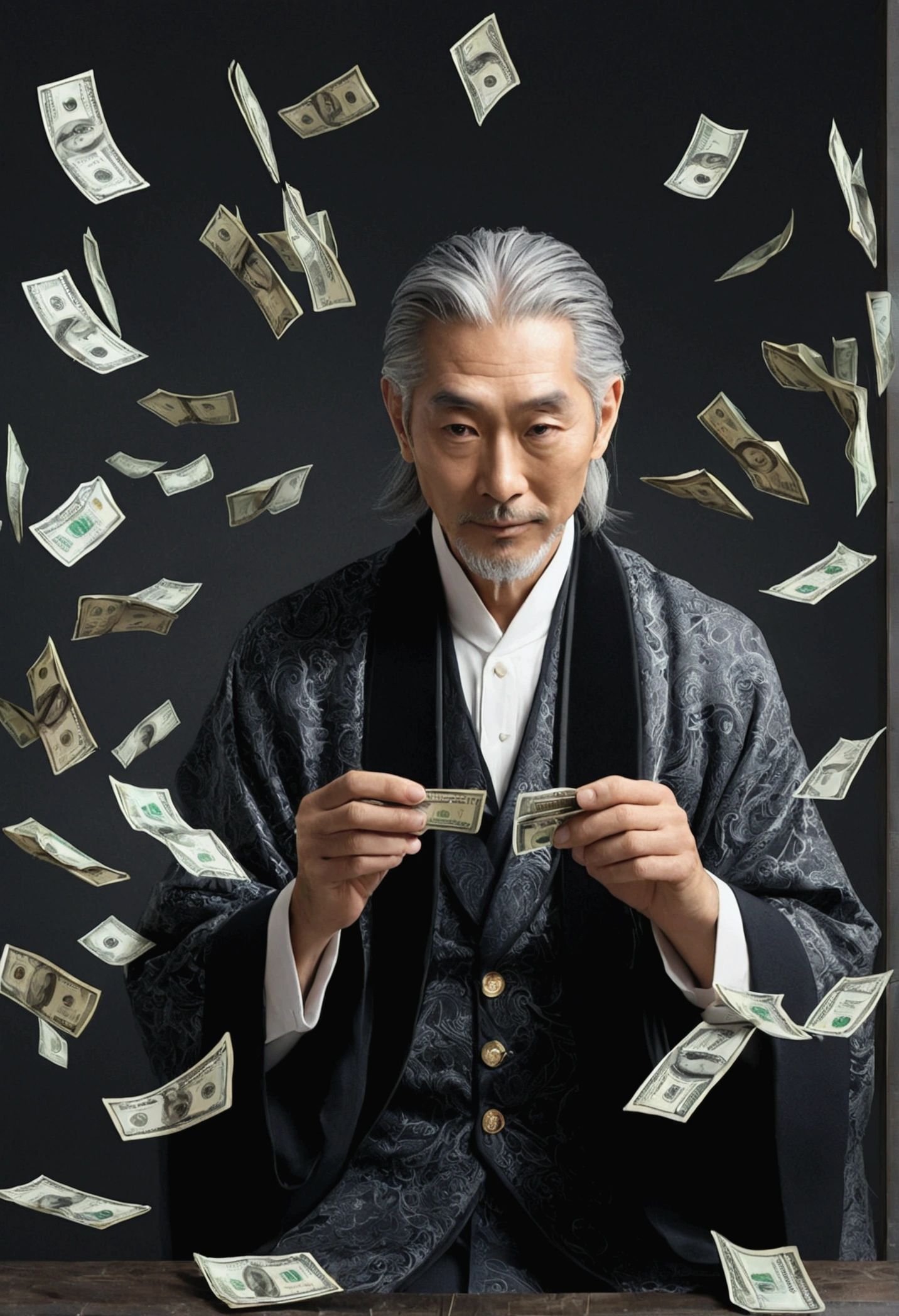 Kindness, Highest quality:1.4),(Absurd, High resolution, Super detailed:1.2), (1 handsome man:1.4),(using dark magic:1.4), Hair tied up, Gray-haired middle-aged man,key,顎の下あたりにmagicのkey,keyを手に取る,magic,Playful illustrations, Imaginative Overlays, Artistic Fusion,Great scene, moving story, Impressive visual effects, trunk, 不思議な光が浮かぶmagicのkeyを持っている, Money is flying