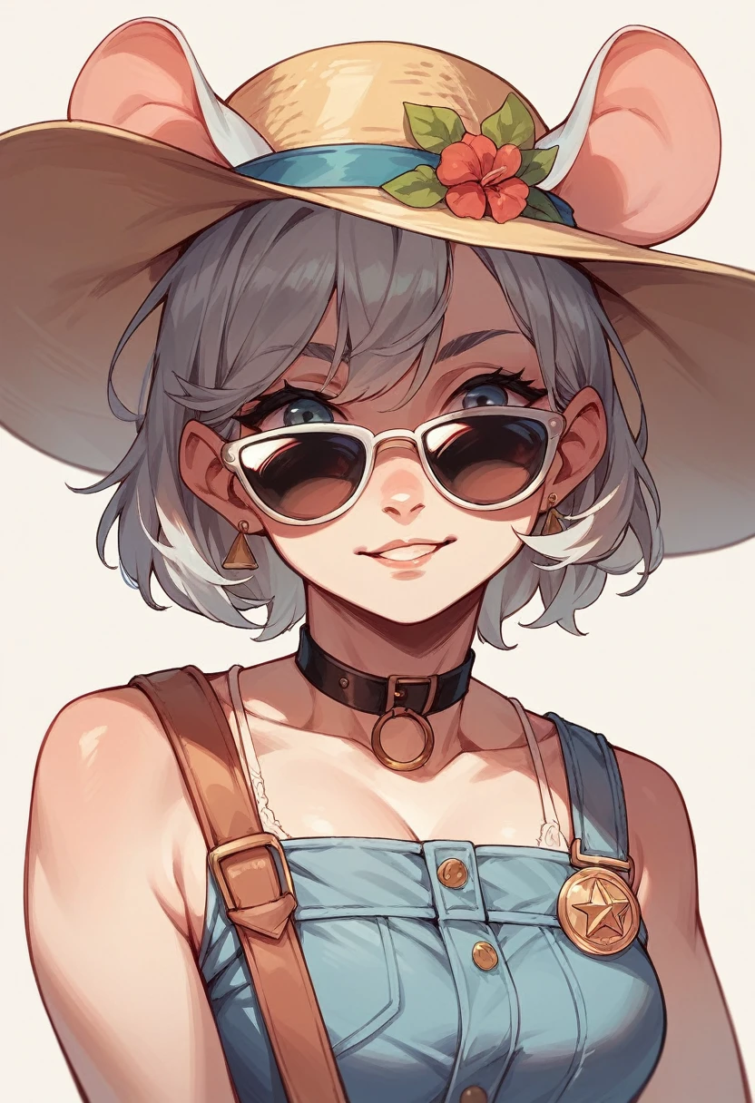 A girl with short white hair with green eyes and who is smiling with tattoos and wearing sexy cowboy clothes