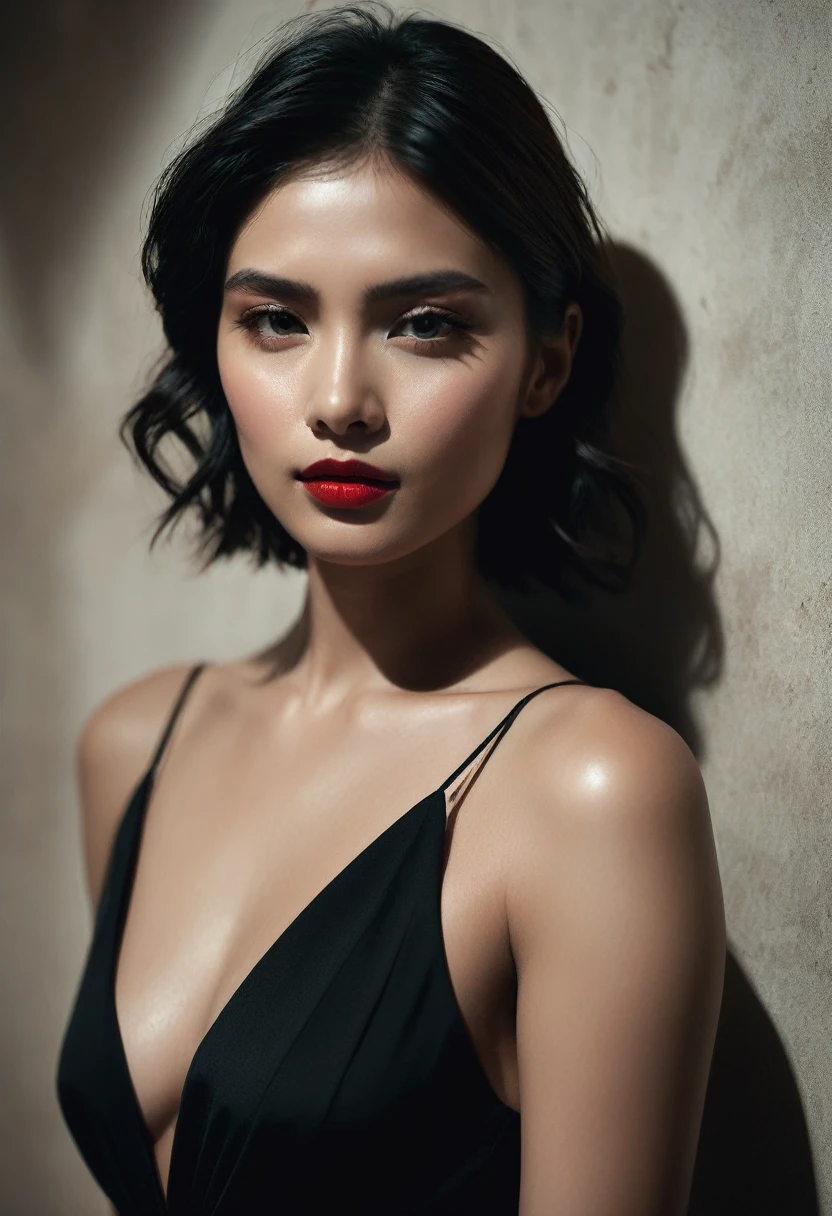 woman bathed in soft light, leaning against a wall, looking into the camera in a moment of raw emotion. Her attire is minimal, accentuating her beauty with the dramatic shadows cast by the lighting. The background is stark, with sharp contrasts highlighting the contours of her form. The red and black palette intensifies the mood, evoking a sense of mystery and allure. Subtle film grain and meticulous shading add depth and texture, emphasizing the emotional gravity of the scene. The lighting creates a chiaroscuro effect, accentuating her expressive pose and the intense atmosphere.