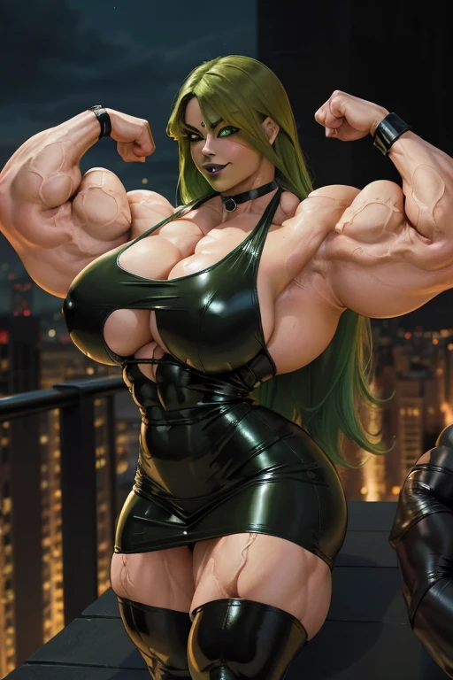 ((Close-up)), tall, (green hair) beautiful muscular woman, long curvy hair, light brown skinned, closed smile, large breast, (black lipstick), (massive muscles), (hyper muscle), ((ginormous bulky muscles)), orange eyes, (((latex black dress))), latex bracelets, choker, boots, on the rooftop at night, (flexing biceps)