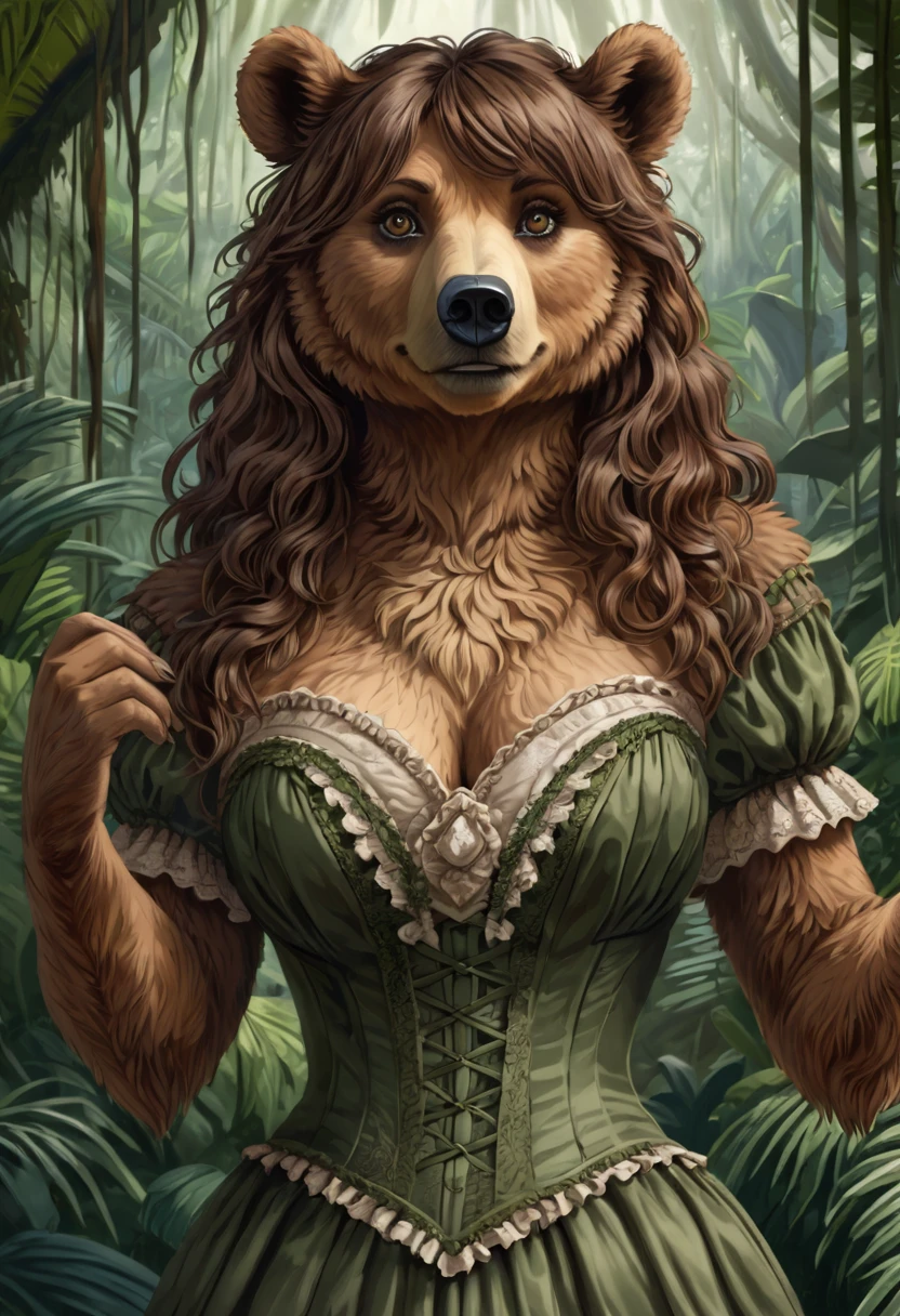 female bear mid transformation, solo, masterpiece, best art, victorian dress. detailed hands, detailed eyes, detailed torso, jungle, expression, transformation, human face, brown shaggy hair.