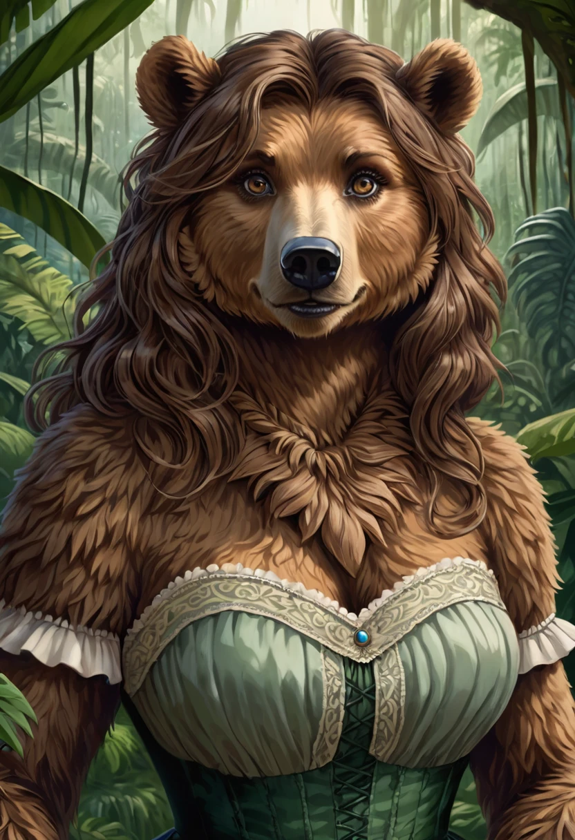 female bear mid transformation, solo, masterpiece, best art, victorian dress. detailed hands, detailed eyes, detailed torso, jungle, expression, transformation, human face, brown shaggy hair.
