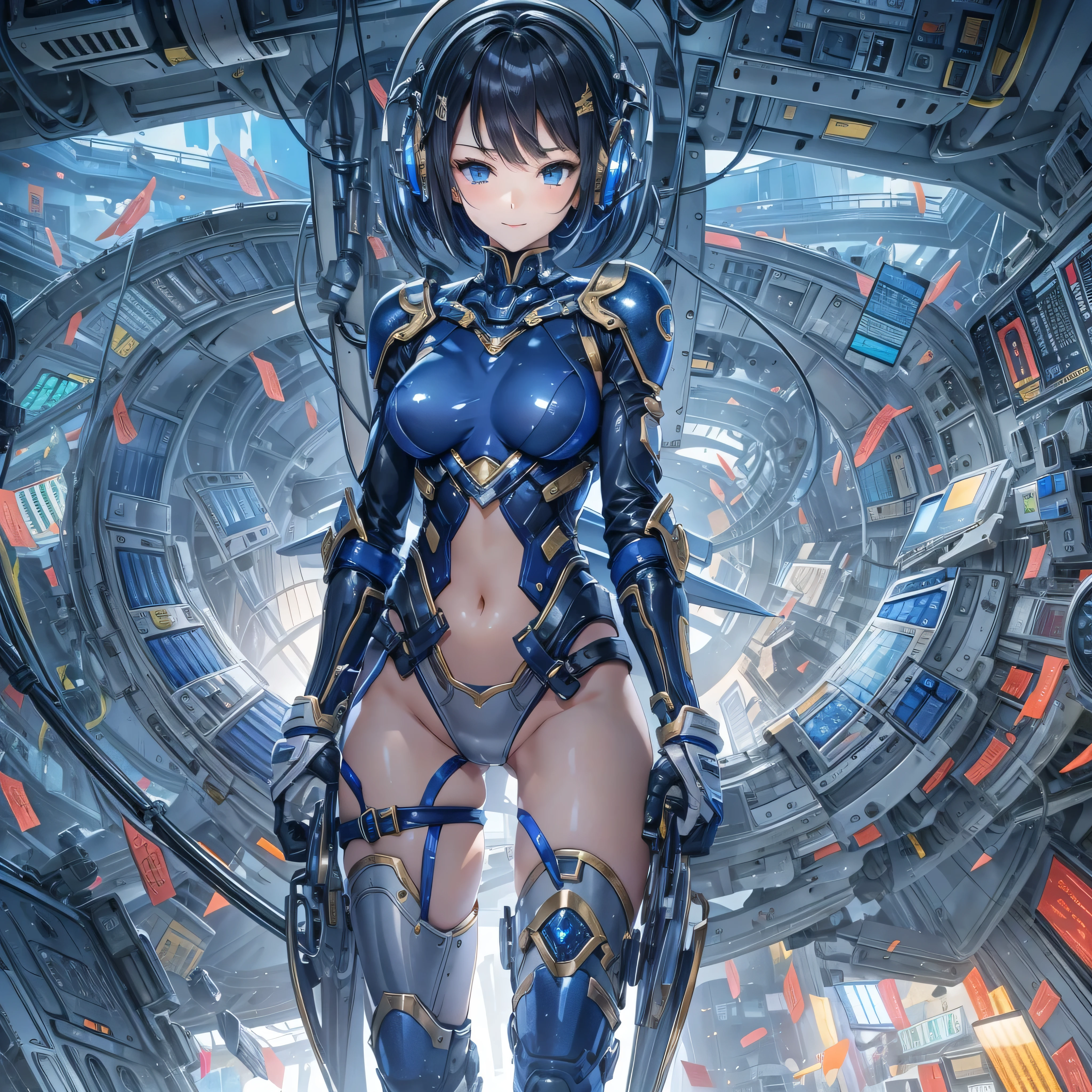 (masterpiece、Highest quality、Highest Resolution、Clear_image、Detailed details、Angle from above): (Whole body、One 20 year old girl、Japanese Faces、Small Face、Slender、Navy blue super short bob cut hair、(Hidden small breasts:1.3)、Sparkling blue eyes、Shiny pilot suit in blue and black colors、Chest protection armor、Tight fitting clothes、Clothing that covers the whole body、Glamorous clothes、Tight Fit Pants、Hide your skin、Very delicate and beautiful、Detailed Skin、hide thighs、Hide your ass、Cute、A gentle smile、Soft expression、heroine、headset、Knee-high boots、Elbow-length gloves、Eye Level Shot、Face directly、Woman on a spaceship)