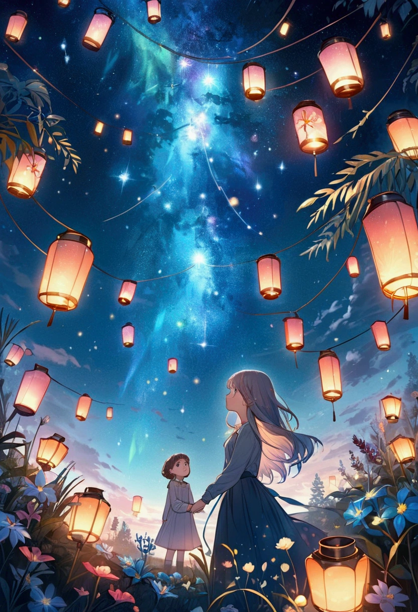 Aurora was amazed by the magical plants and began interacting with them, discovering that some flowers could glow in the dark. Above them, the sky was filled with constellations and floating lanterns, creating a magical and welcoming atmosphere.