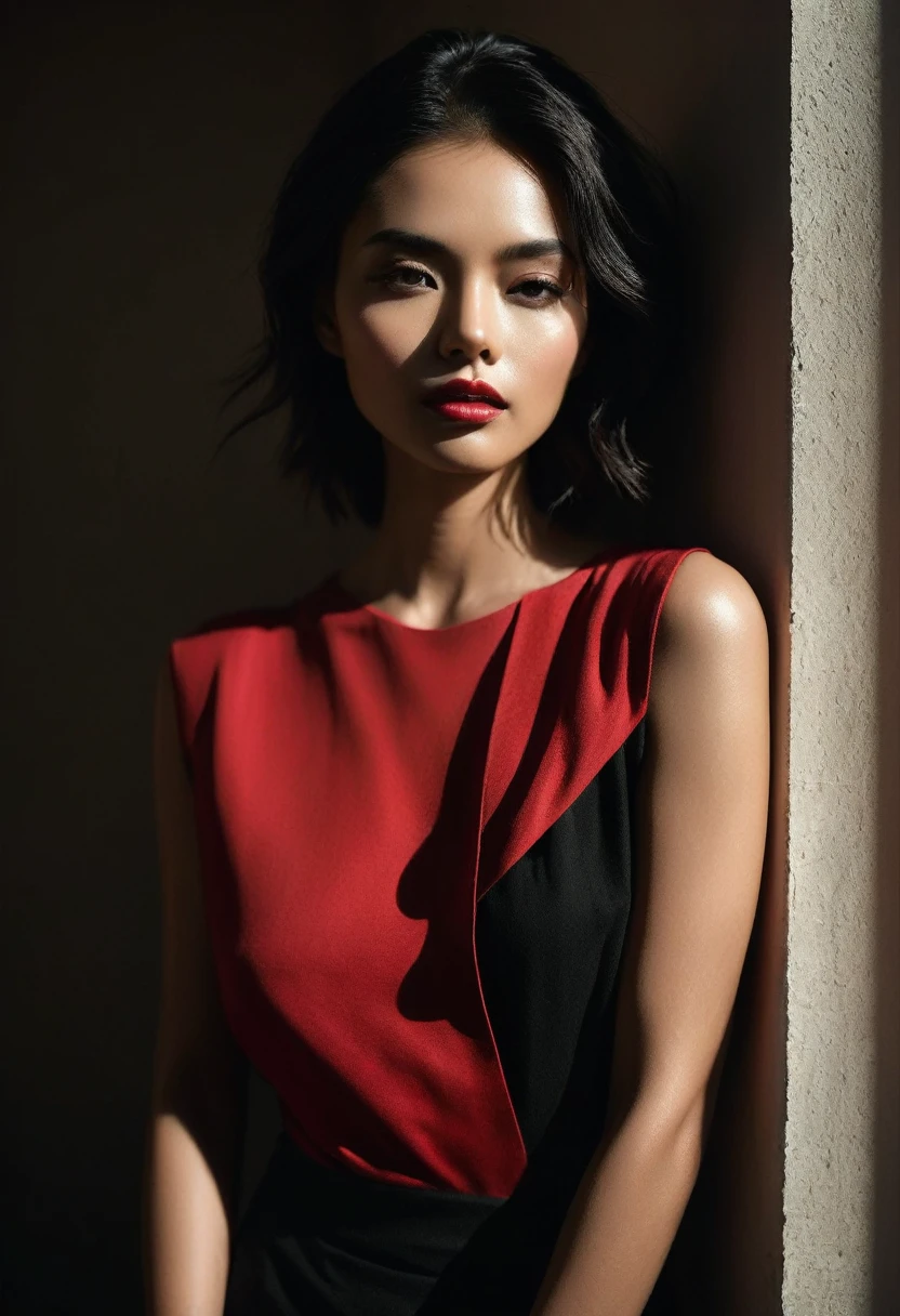 woman bathed in soft light, leaning against a wall, looking into the camera in a moment of raw emotion. Her attire is minimal, accentuating her beauty with the dramatic shadows cast by the lighting. The background is stark, with sharp contrasts highlighting the contours of her form. The red and black palette intensifies the mood, evoking a sense of mystery and allure. Subtle film grain and meticulous shading add depth and texture, emphasizing the emotional gravity of the scene. The lighting creates a chiaroscuro effect, accentuating her expressive pose and the intense atmosphere.
