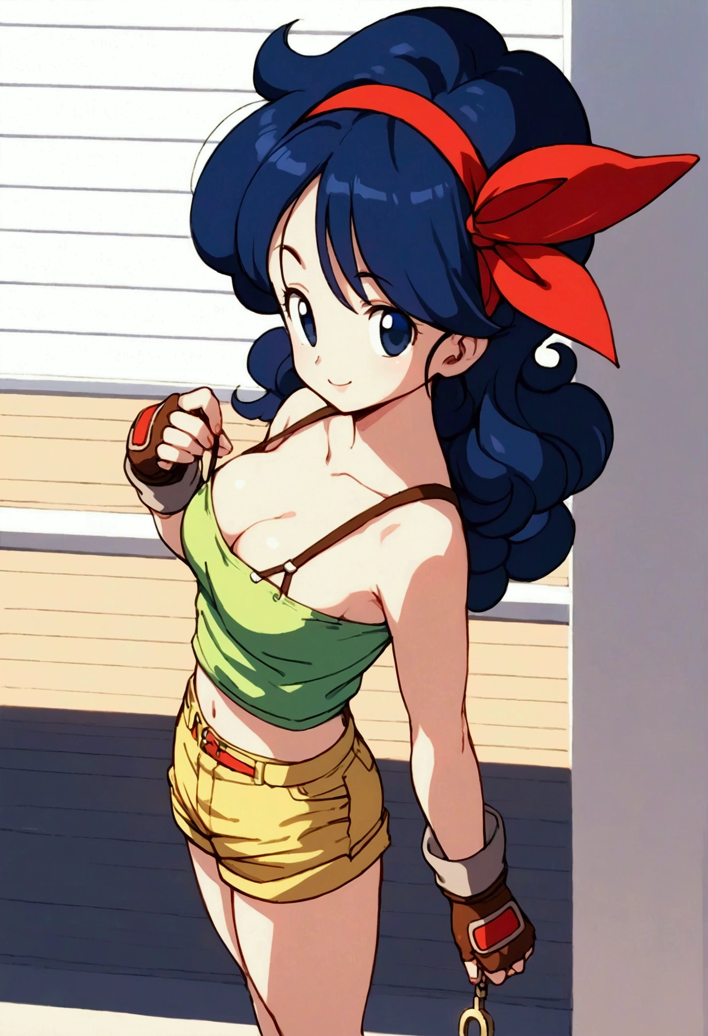 score_9, score_8_up, score_7_up,score_6, score_5, score_4,BREAK , from above,from side,(breast focus:1.5),front view.standing,straight-on,(upperbody:1),looking_at_viewer ,1girl, launch good, blue eyes, blue hair, long hair, curly hair, ribbon, red hairband, fingerless gloves, brown gloves, green crop top, short shorts, yellow shorts, green legwear, red footwear, collarbone, bare shoulders,tareme, midriff ,large_breasts,(light smile),Curvy waist ,Solo,,(midnight and beachside and city), leaning forward, press breasts together, anime style, key visual, vibrant, studio anime,highly detailed,masterpiece, best quality,
best aestethic, absurdres,cinematic lighting,(cell anime)