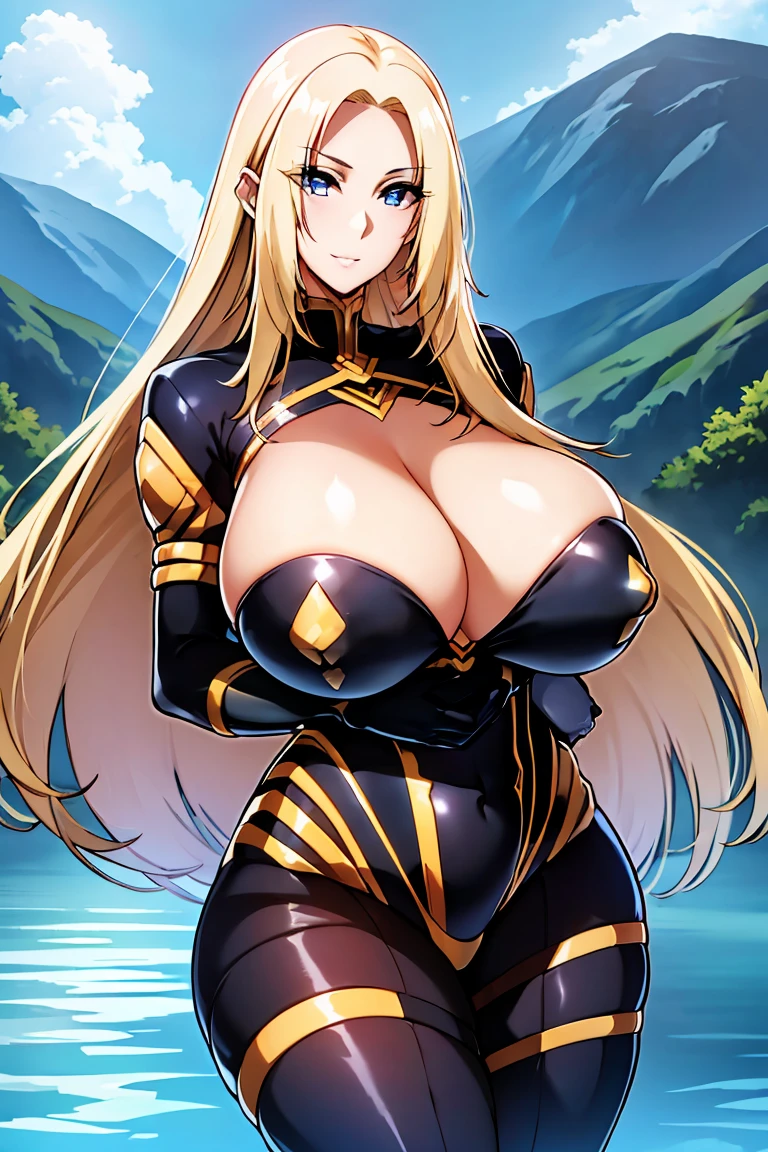 (Art: 1.2), (best quality: 1.2) alpha, 1 woman, mature, tall (1.85), She appeared to be around 28 years old, had long golden hair, straight and shiny hair, blood red eyes, extremely detailed, perfect eyes , extremely realistic eyes, well-aligned eyes, long eyelashes, anime style, perfect face, milf face, full lips, smiling, mature, clear skin, natural body, sexy body, MILF body, hands on waist, perfect hands, detailed hands, hands well proportioned to the body, realistic hands, arms with good anatomy, she wore an immortal black with golden bodysuite, the bodysuite still couldn't hide her extremely large and huge breasts that were hanging down due to her size, thick thighs, wide hips, Looking at the viewer, background scenery, scenery at a Chinese viewpoint on the edge of a lake, in the background posing the setting sun, alone Looking at the viewer, breasts only visible from aside and from the bottem, extremely huge breasts, breast are flopping out of the dress because they are to big