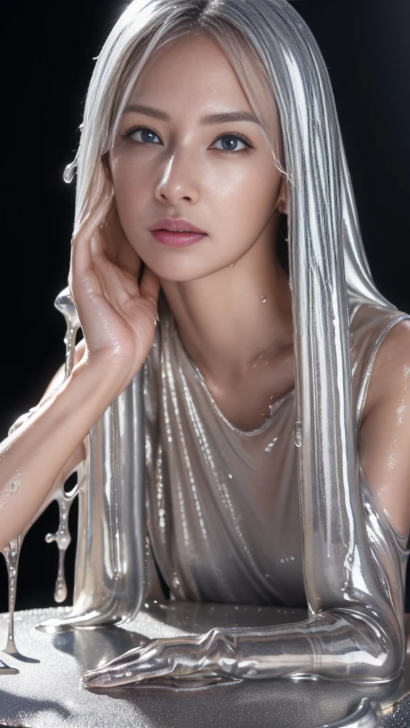 (High resolution,Tabletop:1.2),Super detailed,(Realistic:1.37),Portraiture,Full Body Shot、Slime Girl、Covered in silver slime, (Partially transparent), (Wet), Silver liquid dripping from her body. Her hair is also Covered in silver slime. Silver slime scattered, Golden Hair, blue eyes、Super cute face、Random pose、