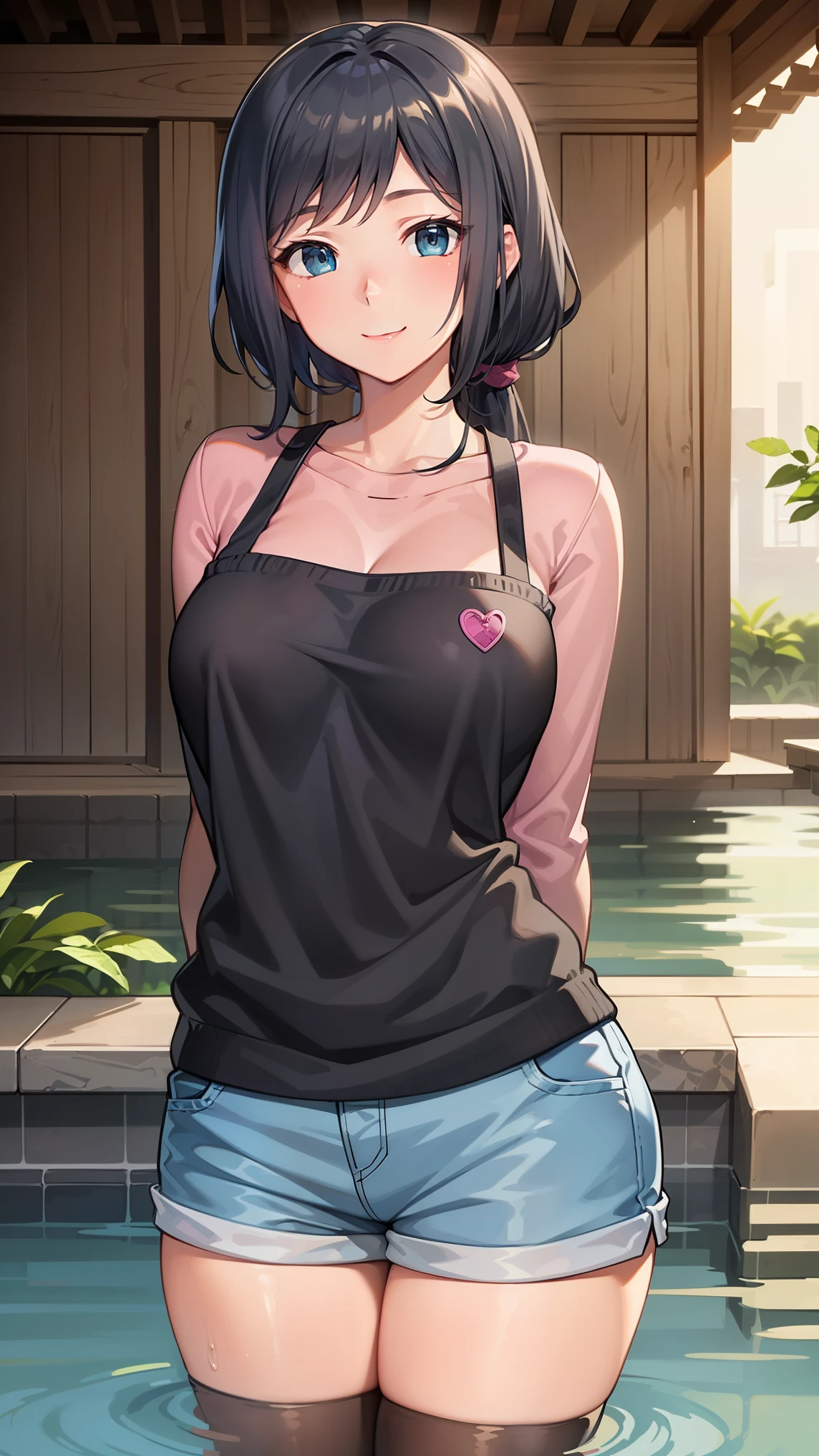 rinko-iori, wide hips, low ponytail, blue eyes, 
BREAK (pink shirt, shorts, thighhighs:1.2),
BREAK onsen, steam, (partially submerged:1.3), looking at viewer, smile,((hands behind back:1.5)),
BREAK (masterpiece:1.2), best quality, high resolution, unity 8k wallpaper, (illustration:0.8), (beautiful detailed eyes:1.6), extremely detailed face, perfect lighting, extremely detailed CG, (perfect hands, perfect anatomy),