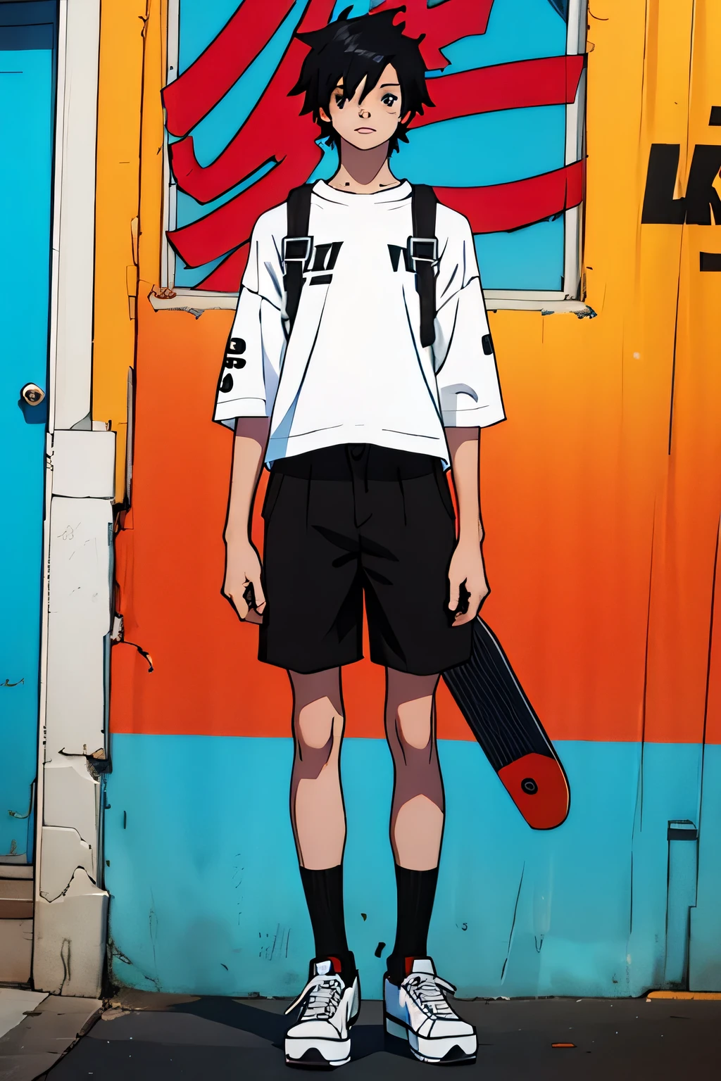 make an image of a skinny 18 year old white boy with straight hair in a skater outfit and black hair