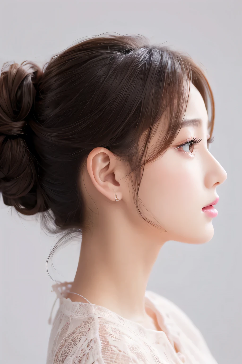 Masterpiece, Best Quality, 1girls, profile, ponytail, updo hair, nape of neck, pink lips, slightly upturned nose, long eyelashes, realistic skin texture, attractive face, blurred, white background
