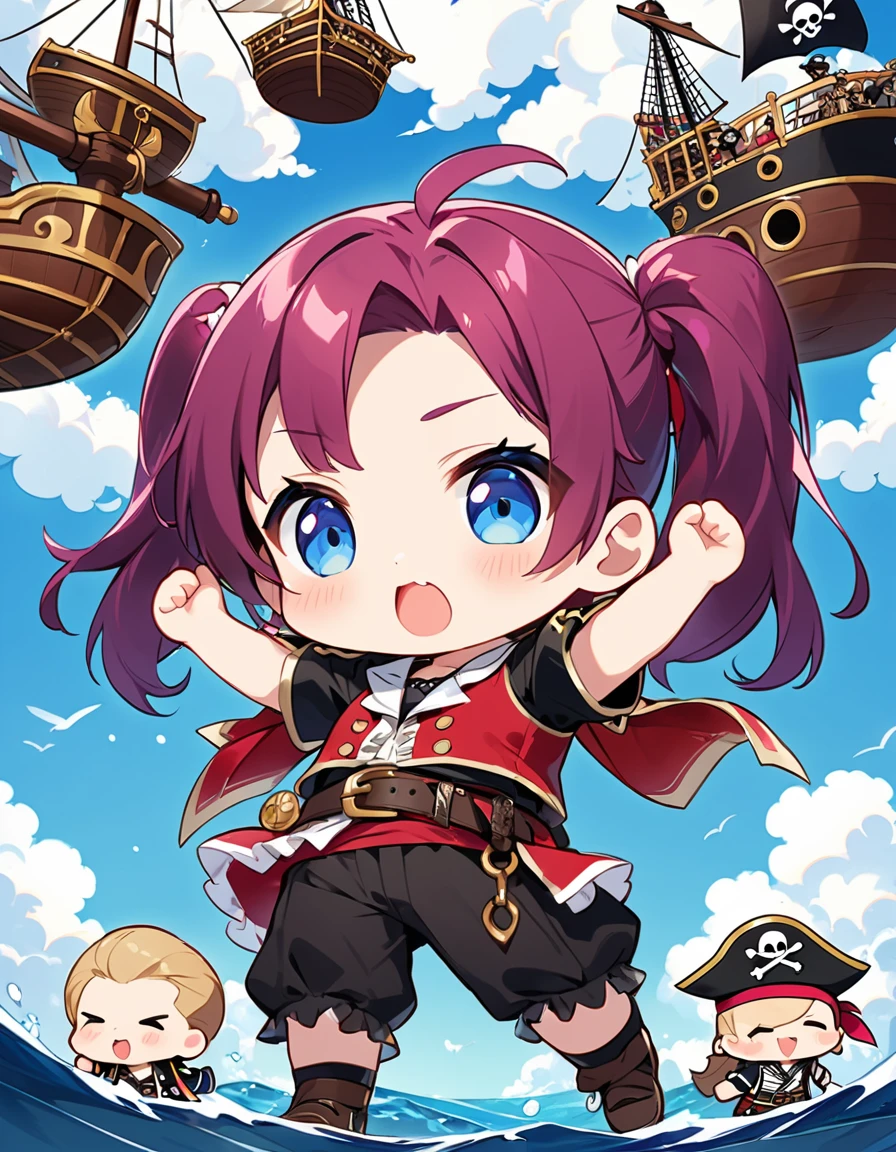 Highest quality、High resolution、Detailed Background、Beautiful face in every detail、Anatomically correct、Detailed facial expressions、fine grain、((full body, from below:1.2, back shot)), break ((One Girl:1.5)、(Chibi Girl:1.5))、Cute hair color、Big beautiful blue eyes、Fuller lips、Pink Lips、Braided twin tails、Ahoge、(pirate ship captain、Confront enemy pirates:1.2)、(Cute sleeveless pirate outfit、Cute pirate shoes)、break ((Spread your legs、Stand with your back straight、((Stretch your arms horizontally:1.2))、Winner pose))、(I am going to cry、Open your mouth wide、Determined look:1.2)、break (The background is a pirate ship、Calm sea、Summer Clouds)、Pirate with sword