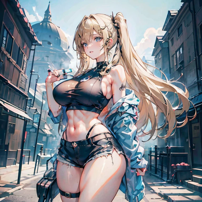 Very detailed、Highest quality、Best image quality、masterpiece、8k、Sparkling blue eyes、Anime Face、A kind smile、(Open your mouth)、(Blonde long hair:1.5)、(SFW Giant:1.5)、(Big Tits:1.9)、ckundies、Cowboy Shot、(White sports thong:1.5)、(highleg:1.8)、(SlightMuscle、Bulky、Bodybuilder、hyper muscle)、(necklace)、(cleavage:1.5)、 panties