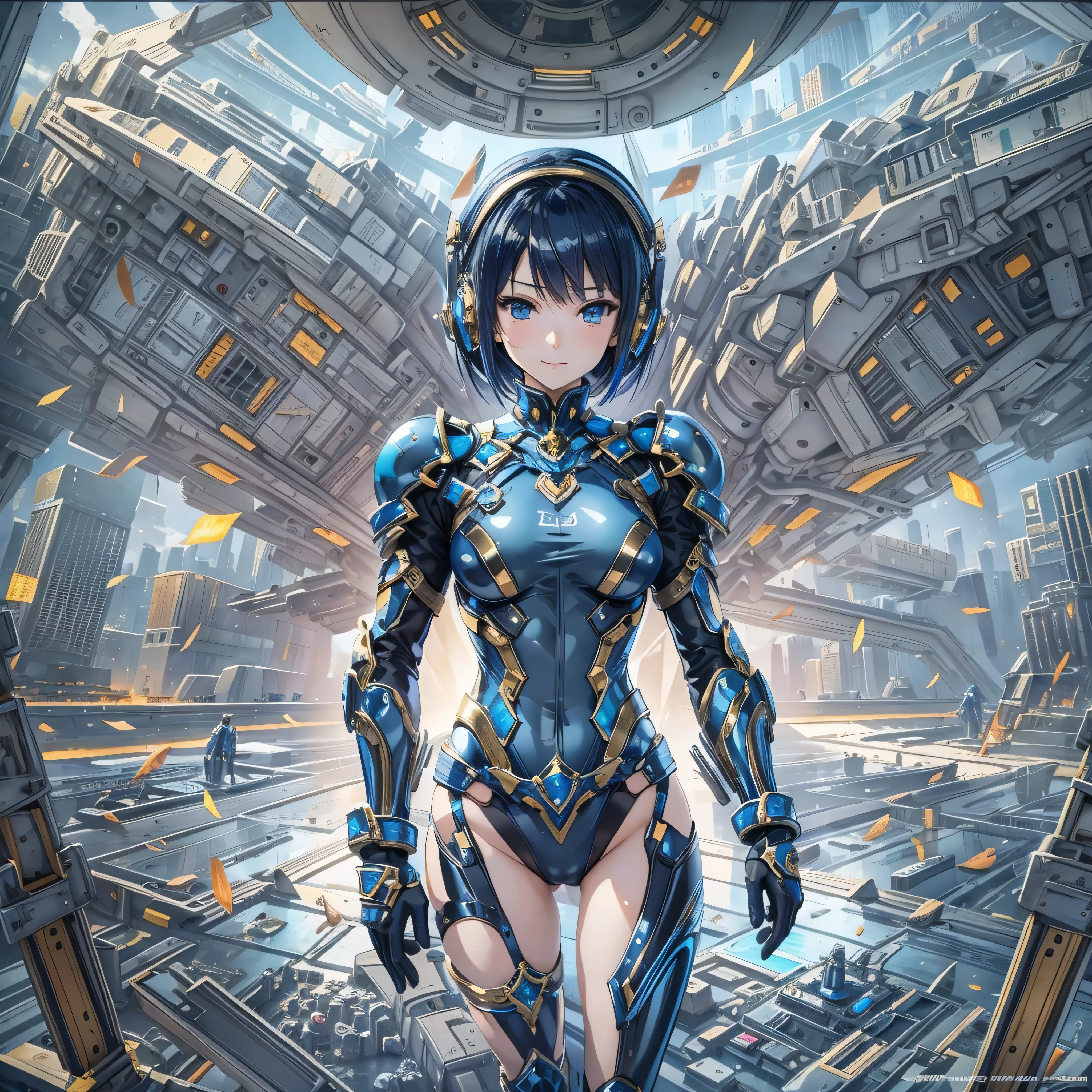 (masterpiece、Highest quality、Highest Resolution、Clear_image、Detailed details、Angle from above): (Whole body、One 20 year old girl、Japanese Faces、Small Face、Slender、Navy blue super short bob cut hair、(Hidden small breasts:1.3)、Sparkling blue eyes、Shiny pilot suit in blue and black colors、Chest protection armor、Tight fitting clothes、Clothing that covers the whole body、Glamorous clothes、Tight Fit Pants、Hide your skin、Very delicate and beautiful、Detailed Skin、hide thighs、Hide your ass、Cute、A gentle smile、Soft expression、heroine、headset、Knee-high boots、Elbow-length gloves、Eye Level Shot、Face directly、Woman on a spaceship)