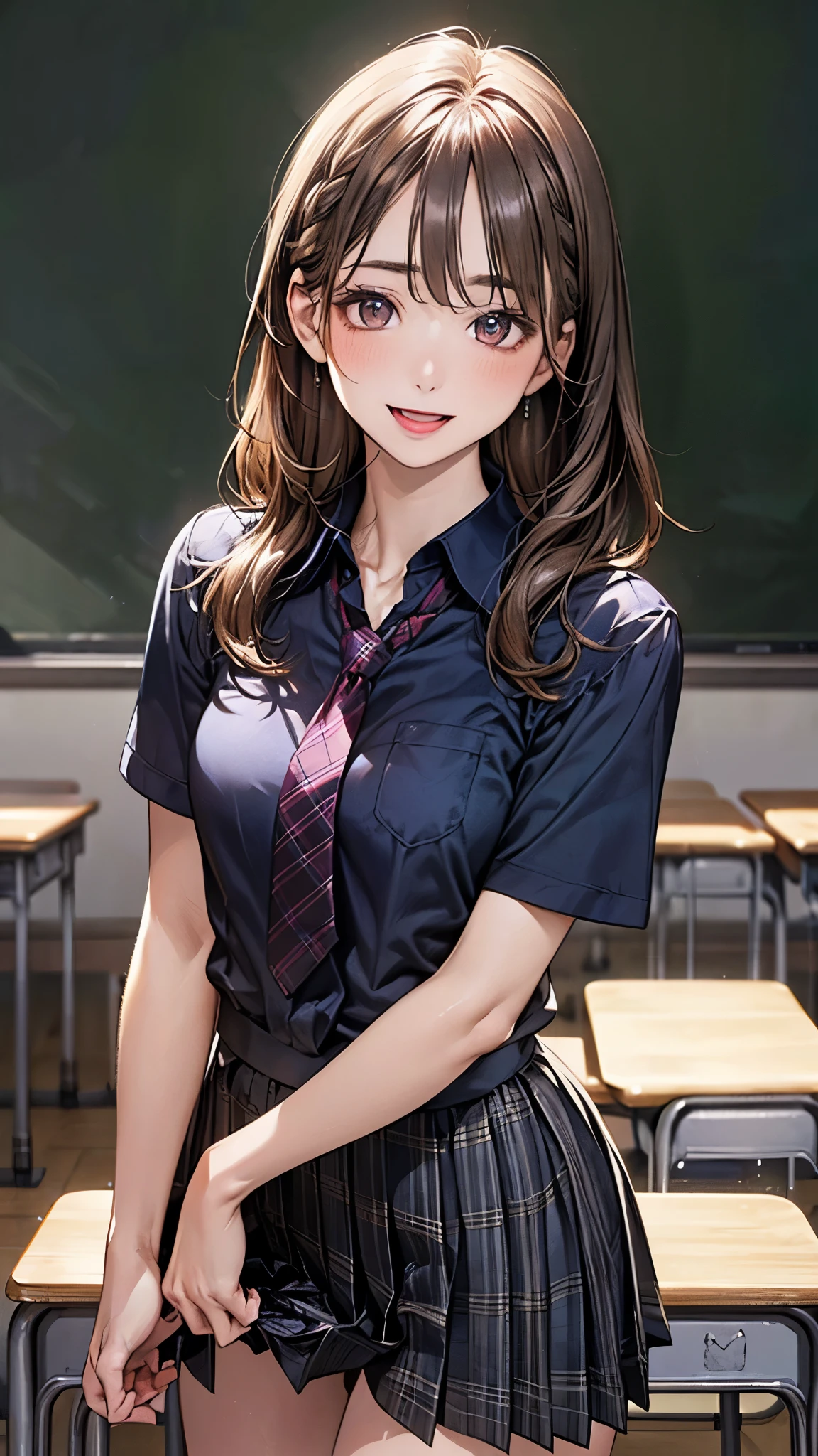 (masterpiece:1.2, top-quality), (realistic, photorealistic:1.4), beautiful illustration, (natural side lighting, movie lighting), depth of fields, nsfw,
beautiful detailed hair, beautiful detailed face, beautiful detailed eyes, beautiful clavicle, beautiful body, beautiful chest, beautiful thigh, beautiful legs,
looking at viewer, 1 girl, 12 years old, (perfect anatomy, anatomically correct, super detailed skin), cute and symmetrical face, perfect face, perfect eyes, perfect fingers, five fingers,
(long hair, straight hair, light brown hair), braided bangs, break light brown eyes, big eyes, (medium breasts, seductive thighs), perfect body, shiny skin, pink skin,
(detailed cloth texture, break ((short sleeve black collared shirt)), break blue plaid pleated skirt, break blue plaid tie), break
(beautiful scenery), morning, (school classroom:1.2, blackboard), standing, (lovely smile, upper eyes, open mouth),