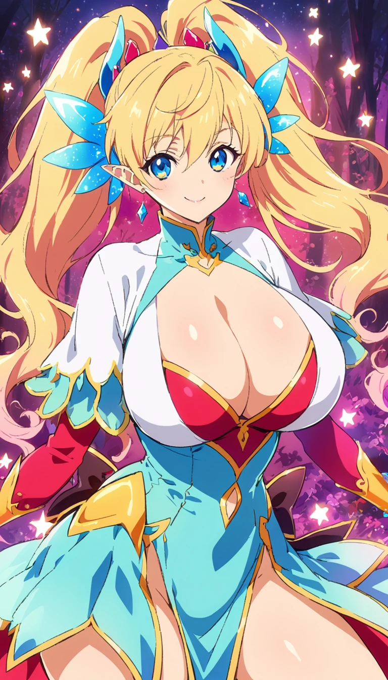 (anime art, anime styling, studio anime, very detailled, updated, Vibrant, anime coloring, hight contrast, work of art:1.2, best qualityer, better aesthetics), (1 girl), Color Connections, colors, esquema de cores Vibrants, colorsda, mancha colorsda, NSFW, (portraite, cowboy shot), sensuous, in the deep forest, Dance, (Big Breasts 1.2), crooked, (Bewitching woman), (smile and laugh:1.2), fantasy starry sky fairy, fantasy starry sky fairy,Falling petals, shining stars,