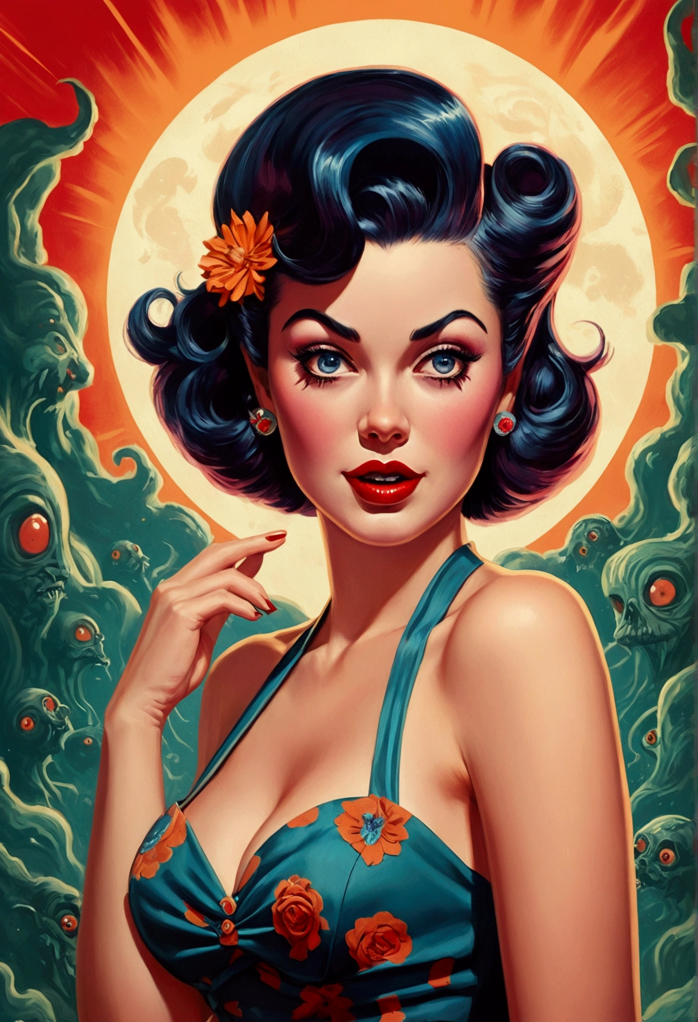 In the style of an editorial illustration, a pin-up girl with a psycho-billy twist takes center stage, her charming exterior belying the cosmic horrors that lurk beneath the surface.With a confident smirk and a playful glint in her eye, the pin-up girl exudes an aura of allure and mischief. Her retro hairstyle is adorned with colorful streaks and bold accessories, while her outfit blends elements of psycho-billy fashion with vintage flair.
