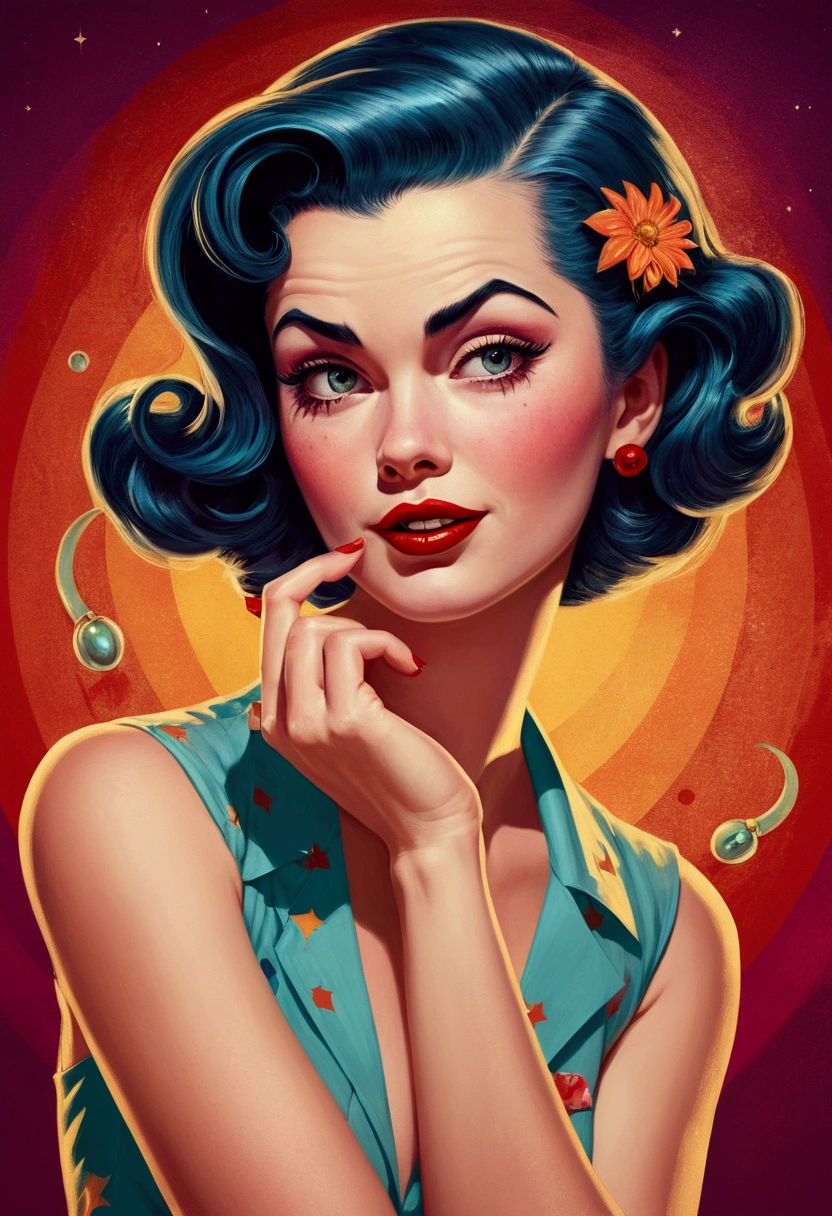 In the style of an editorial illustration, a pin-up girl with a psycho-billy twist takes center stage, her charming exterior belying the cosmic horrors that lurk beneath the surface.With a confident smirk and a playful glint in her eye, the pin-up girl exudes an aura of allure and mischief. Her retro hairstyle is adorned with colorful streaks and bold accessories, while her outfit blends elements of psycho-billy fashion with vintage flair.