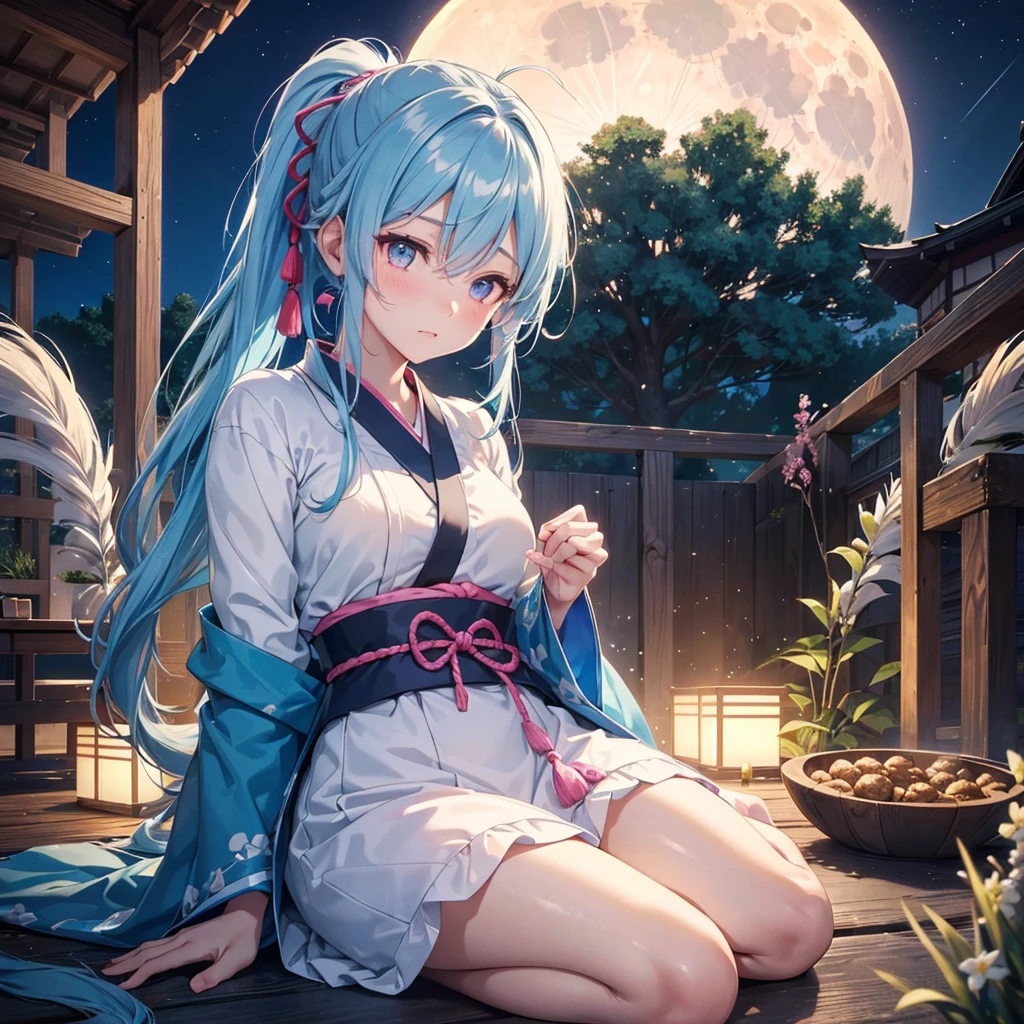 Sky blue hair, (Braided Ponytail), Pink eyes,Fair skin ,(whole body),(One Girl),Tsukimi,Shiratama dumplings,Japanese pampas grass,(beautiful, Full moon shining in the night sky),(masterpiece, Highest quality, Very detailed, Best Shadow), (Detailed Background), (Beautifully detailed face), High Contrast, (Best lighting, Very delicate and beautiful), ((Cinematic Light)), colorful, Hyper Detail,8k, Dramatic Light, Intricate details,Sit and eat dumplings while watching the moon,Rabbit pattern on the moon,mysterious