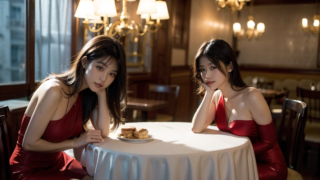 Full-length shot, Best quality, a 25y chubby Japanese woman, wearing red evening dress, tight breast, hair blowing in the wind, fashionable, moody atmosphere, beautiful shadow, room lighting exposure, dramatic posing sitting at a table with a white tablecloth in a restaurant, facing directly at the camera, kodacrhome, cinematic lighting, masterpiece composition, perfect direct of photography, realistic face and eyes, realistic skin, ultra highly detailed, centered object, sharp focus, beautiful film bokeh, surreal view, candid photo, shot by zenit camera with 35mm lens, cinematic photo by annie leibovitz