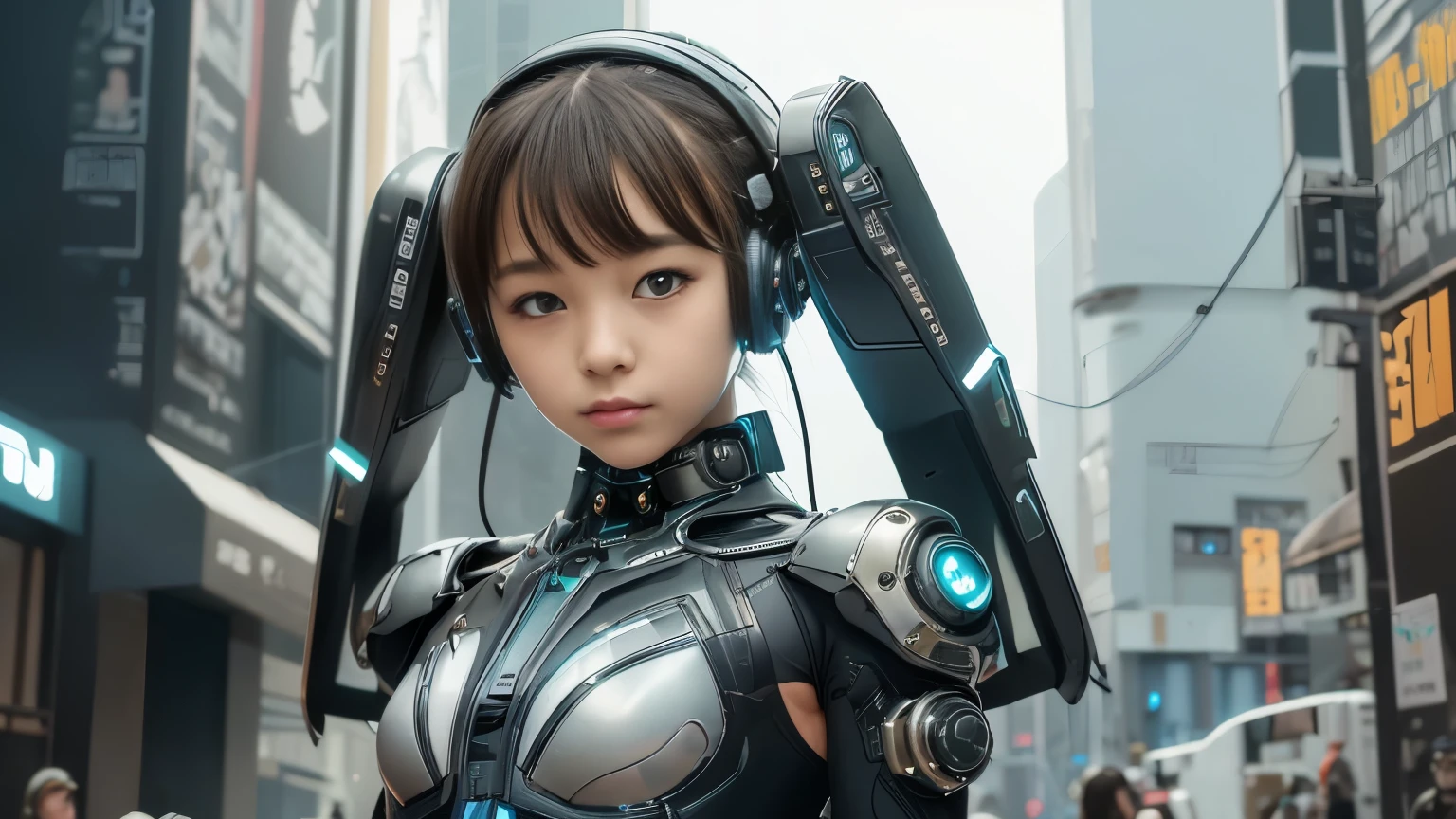 high quality, masterpiece, Beautiful teenage girl, Small and skinny girl, Cute girl face, cyber punk, Wearing futuristic robotic tactical armor cyber punk suit with cutouts showing abs, lean and athletic body, Innocent, Playful, Famous Japanese actresses, Very beautiful face