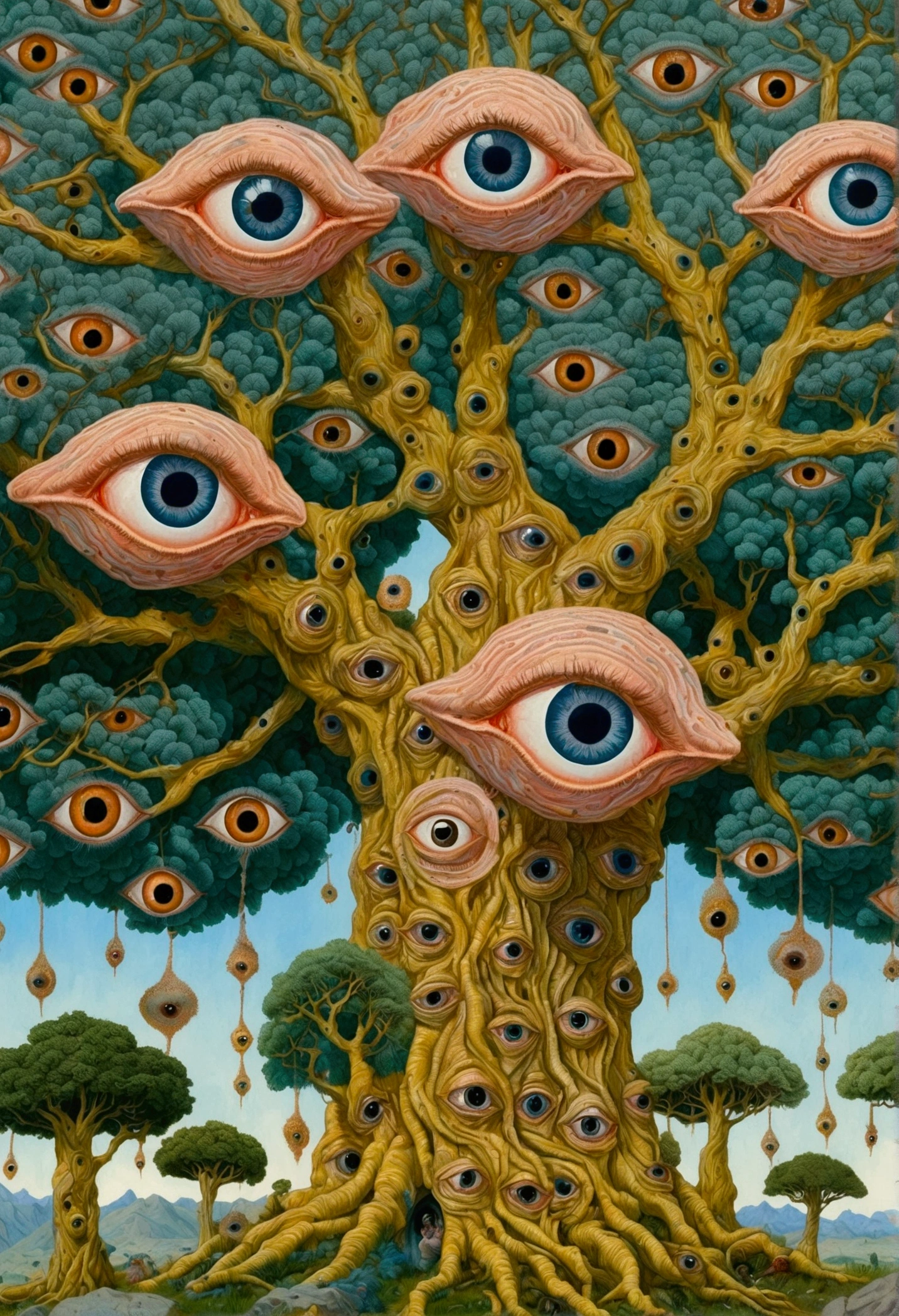 there is a painting of a tree with Many eyes on it, The Holy Grail of Brain Tree Eyes, Psychedelic surrealist art, Beats ngai and surrealism, Eyes on trees, Multiple eyes, James Jean and Victor May, hyper-realistic illustration, Many eyes, Beat ngai delicate texture, Surrealist gouache painting, Psychedelic illustration, Victor May and Tristan Eaton