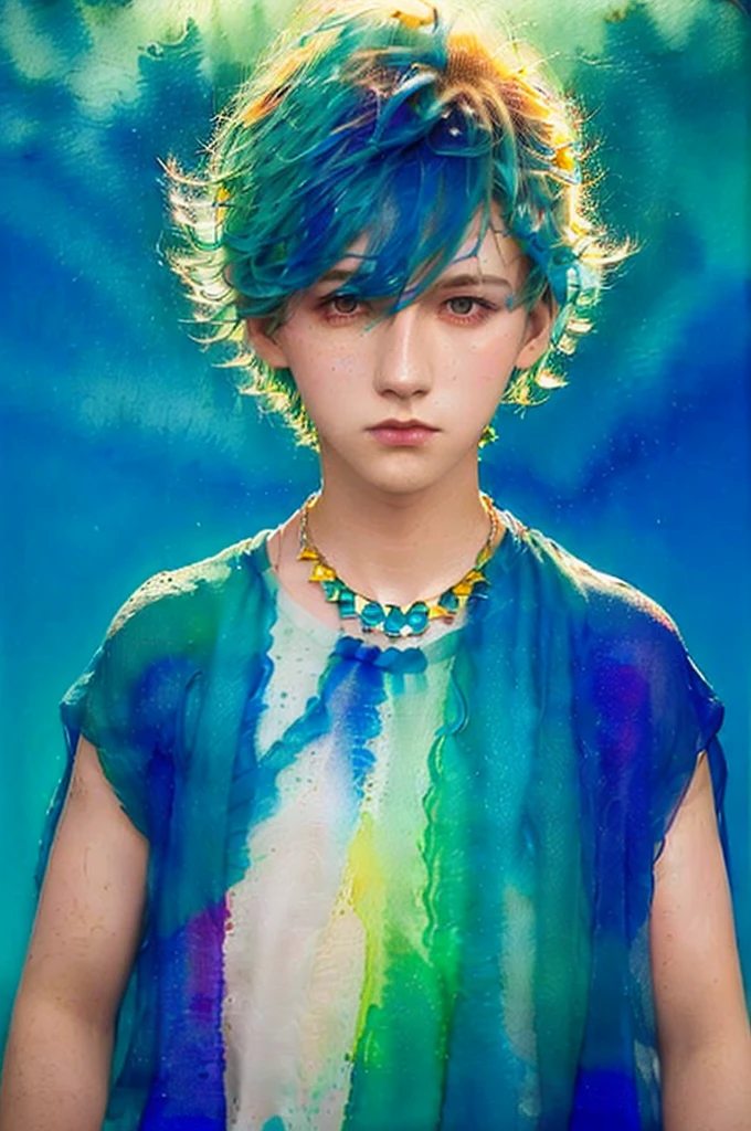 1boy,head hair,Necklace,multicolored hair,Blue background,multicolored background,hair between eye