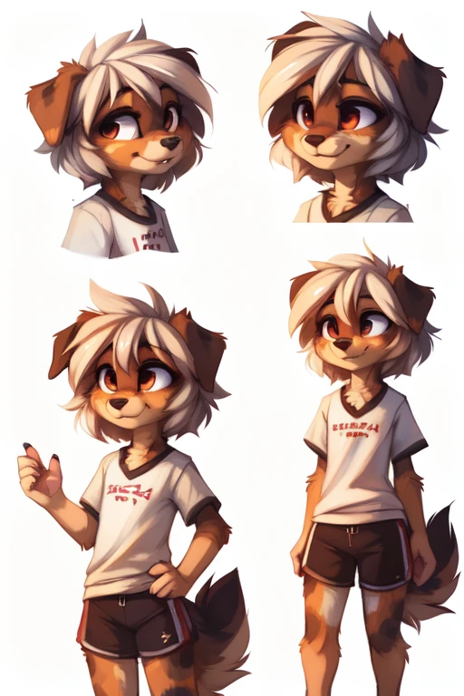 (((White background, no background, multiple views))), High quality, 8K, by kenket, by swaybat, by reysi, by Zackary911, by hyattlen, by teranen, by fumiko, by Pixelsketcher, by Bayard Wu, by Einshelm, by Kilinah, by Hioshiru, by fluff-kevlar, by Dimwitdog, Furry, Anthro, solo, ((australian shepard)), ((female)), ((young)), fluffy tail, slender, ((short white hair)), chest fluff, short, erotic, small breasts, oversized white t shirt, track shorts, pony tail, cute, smug, university,