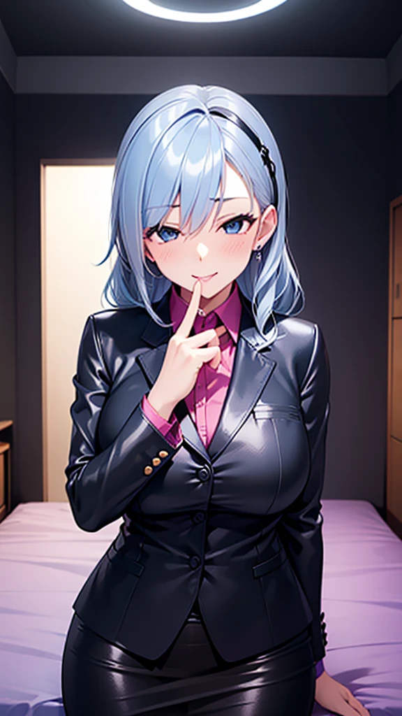 night、Ako、Light blue hair、Big Breasts、adult、Black Background、Evil background、Hotel Bedroom、Sensual pink light、Open Business Suit、Collared shirt,Pencil Skirt,Office Lady、Upper Body、tall、Black long gloves、Upper Body、Evil female warrior、Dark Side、Condescending smile、Fallen into evil、Fall into Darkness、Sexy pose