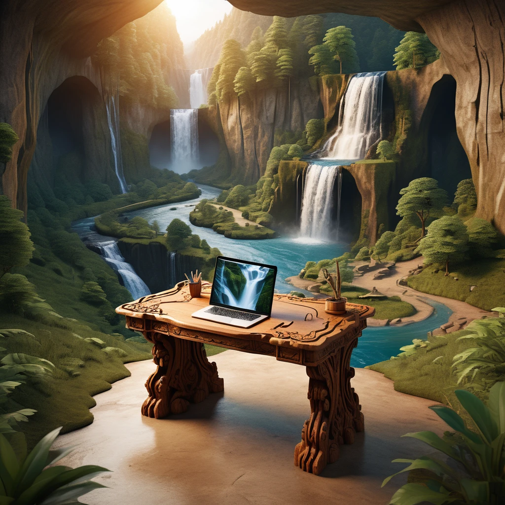 Photo of a desk carved deep with a complete landscape and a ravine and a mighty river flowing through it and a waterfall, all in 3d.