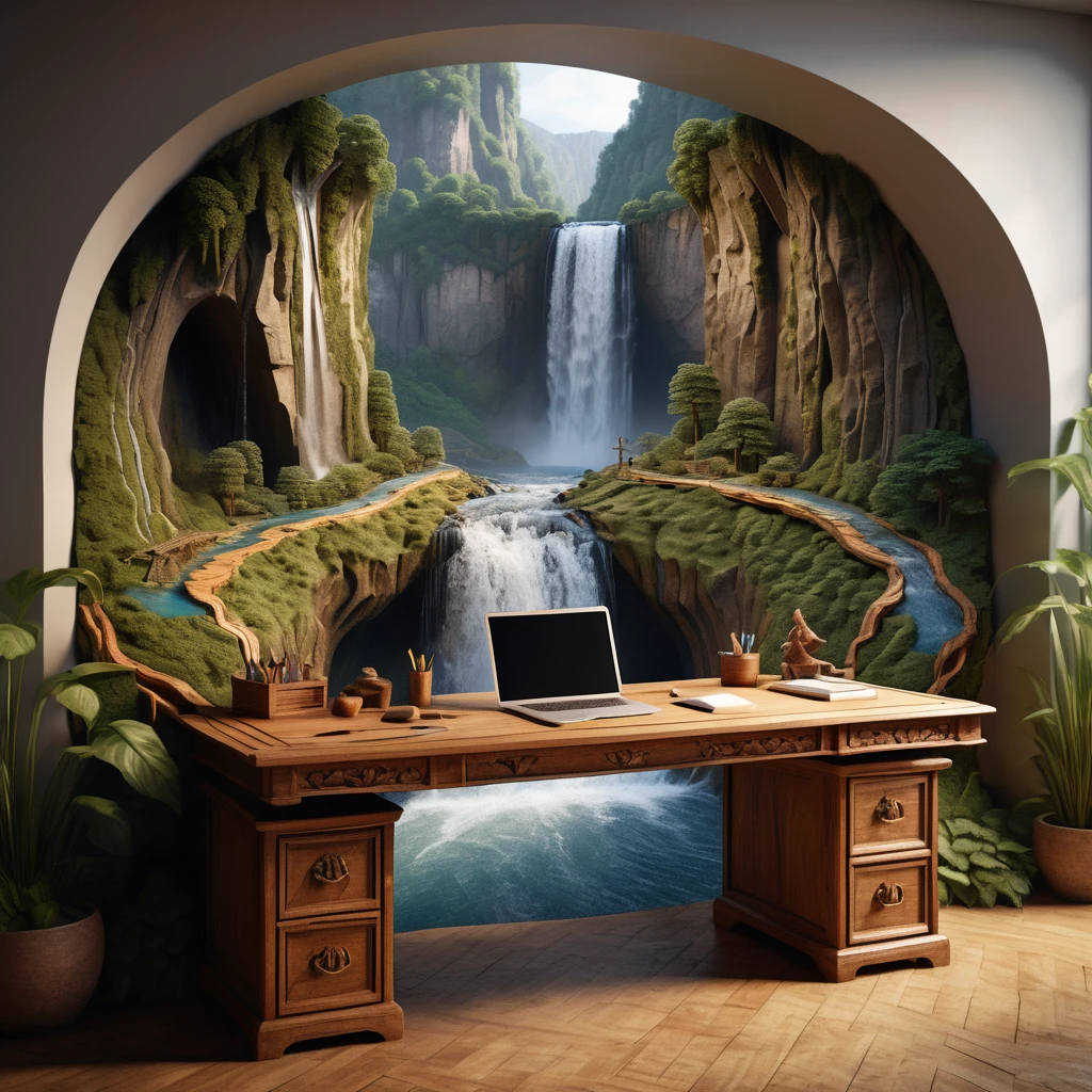 Photo of a desk carved deep with a complete landscape and a ravine and a mighty river flowing through it and a waterfall, all in 3d.