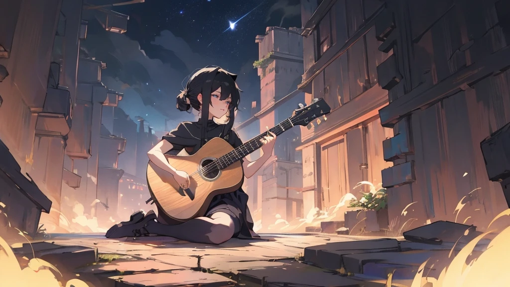 masterpiece,night,(dark alley),star、Night Sky、milky way、octone、
(1. Female), (solo), Knee hugging sitting,acousticguitar