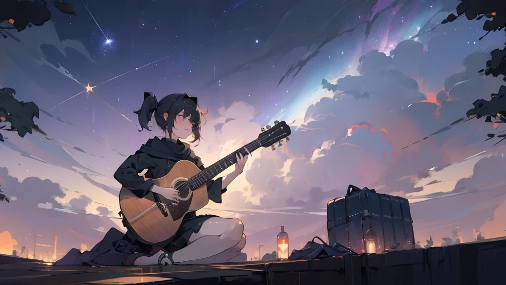 masterpiece,night,(dark alley),star、Night Sky、milky way、octone、
(1. Female), (solo), Knee hugging sitting，acousticguitar