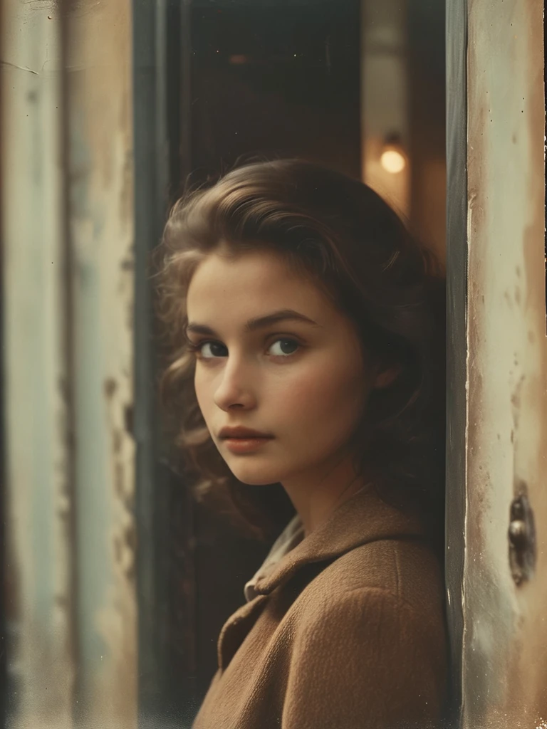 35mm Vintage photo of, young lady staying near entrance Door Wall, side profile, updo long dark brown messy hair, detailed ear