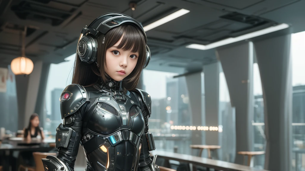 high quality, masterpiece, Beautiful teenage girl, Small and skinny girl, Cute girl face, cyber punk, Wearing futuristic robotic tactical armor cyber punk suit with cutouts showing abs, lean and athletic body, Innocent, Playful, Famous Japanese actresses, Very beautiful face