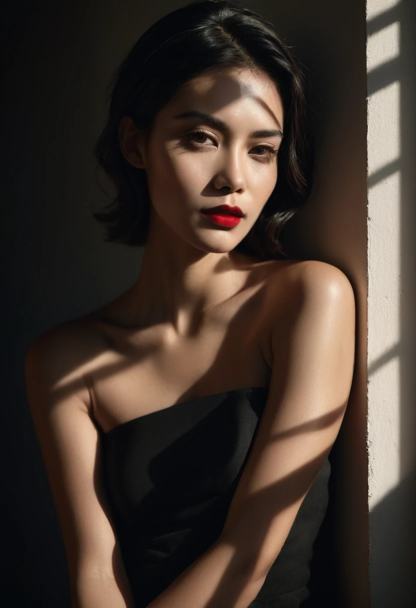 woman bathed in soft light, leaning against a wall, looking into the camera in a moment of raw emotion. Her attire is minimal, accentuating her beauty with the dramatic shadows cast by the lighting. The background is stark, with sharp contrasts highlighting the contours of her form. The red and black palette intensifies the mood, evoking a sense of mystery and allure. Subtle film grain and meticulous shading add depth and texture, emphasizing the emotional gravity of the scene. The lighting creates a chiaroscuro effect, accentuating her expressive pose and the intense atmosphere.