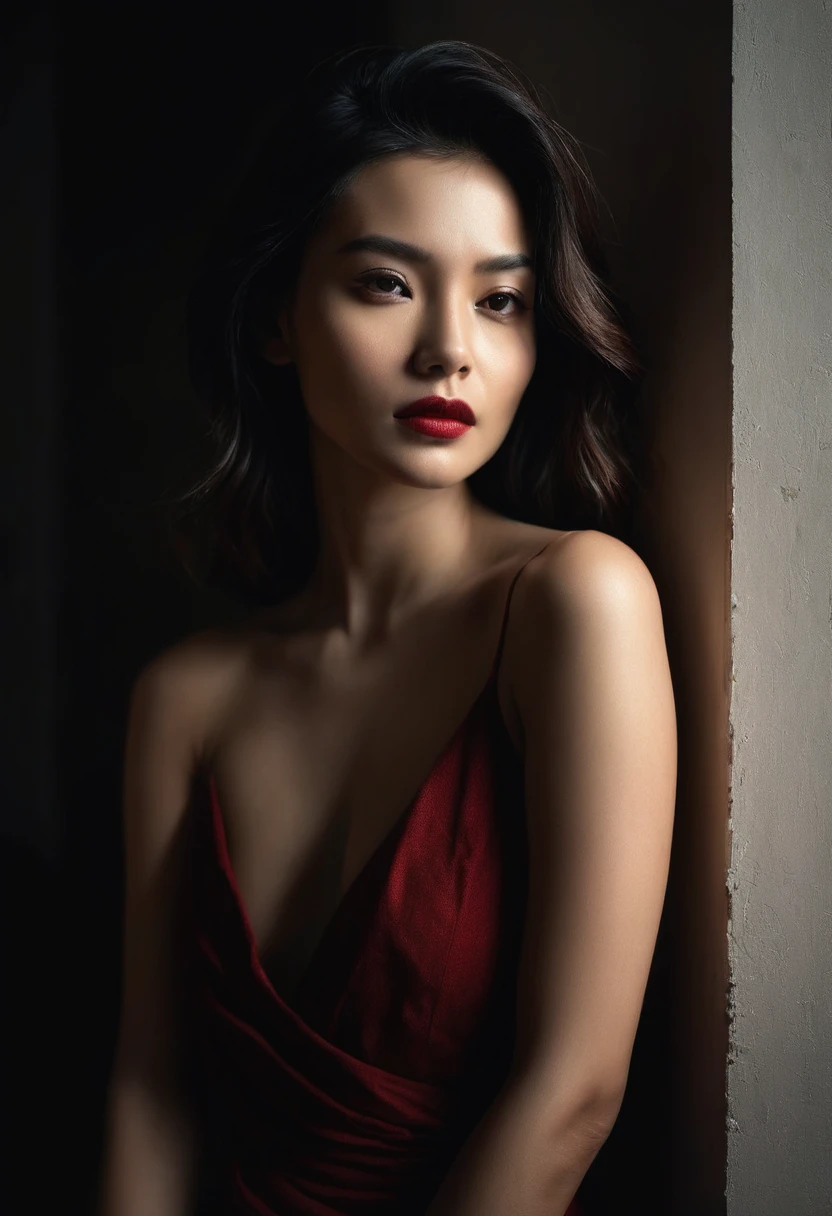 woman bathed in soft light, leaning against a wall, looking into the camera in a moment of raw emotion. Her attire is minimal, accentuating her beauty with the dramatic shadows cast by the lighting. The background is stark, with sharp contrasts highlighting the contours of her form. The red and black palette intensifies the mood, evoking a sense of mystery and allure. Subtle film grain and meticulous shading add depth and texture, emphasizing the emotional gravity of the scene. The lighting creates a chiaroscuro effect, accentuating her expressive pose and the intense atmosphere.