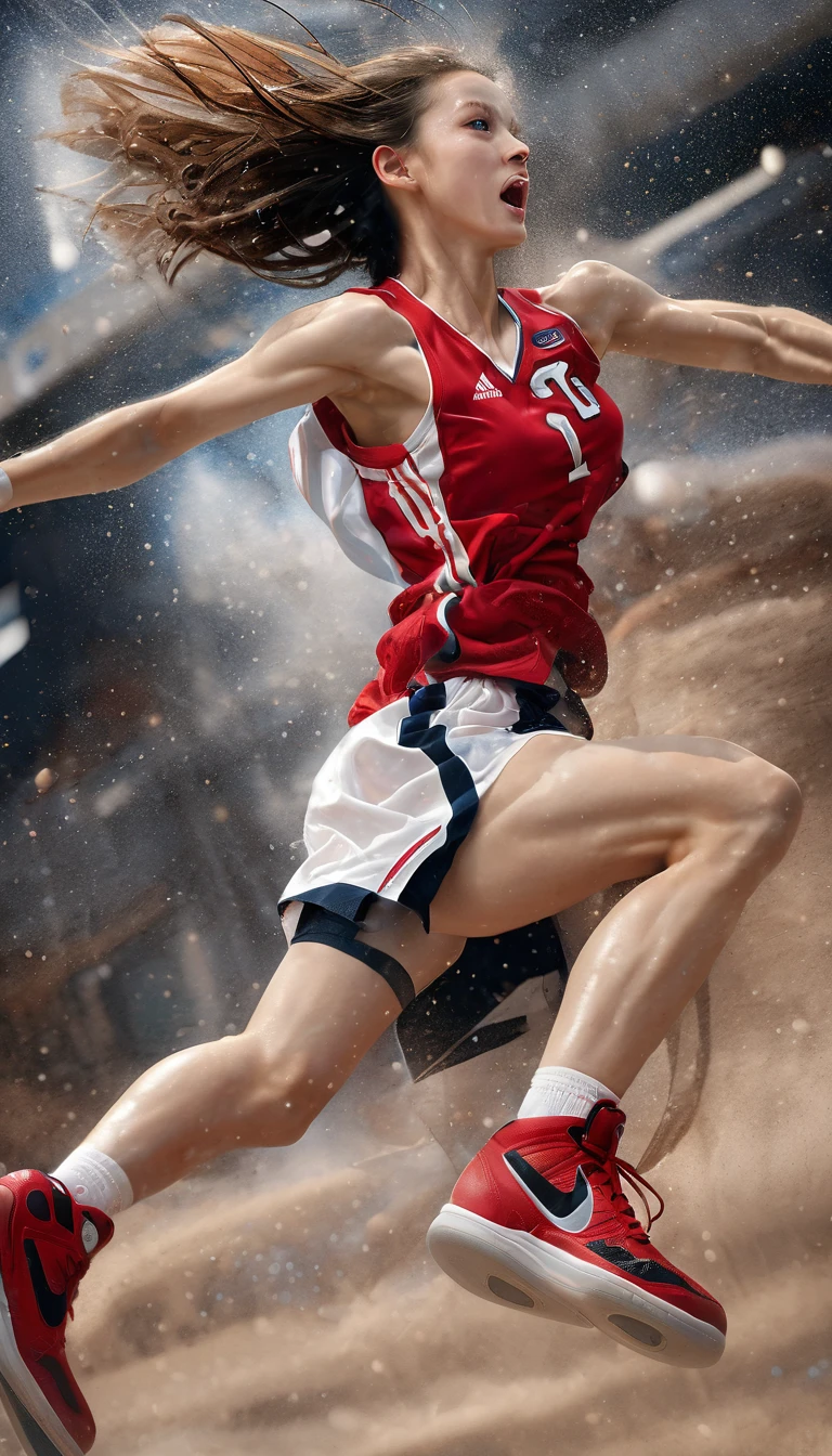 quality,(8K),highly detailed CG unit wallpaper, masterpiece,high quality,surreal,increase resolution,RAW photo,best quality,wallpaper,cinematic lighting,ray tracing,(golden ratio),break,girl,(basketball),ring,((dunk shot)),((winning dunk:1.5)),(beautiful, sweaty, jumping high,red basketball uniform,basketball shoes,short bob hair),Japanese,basketball uniform,basketball shoes,running to her,(delighted,excited),(electric clock),from below,dynamic pose,dynamic angle,basketball court,(United Center),many excited spectators,(stadium shaking with loud cheers:1.3),very historical photo,The Pulitzer Prize photo,photography\(high_speed_shutter\),basketball game,women's basketball,