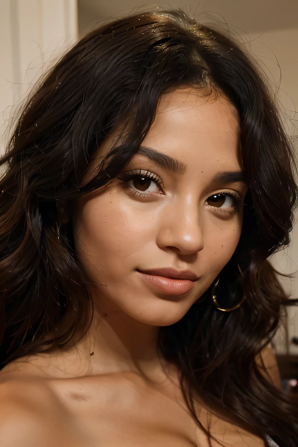 high quality, une femme metisse faites-lui de beaux yeus maron ,beautiful black curly hair, a pretty luscious lip