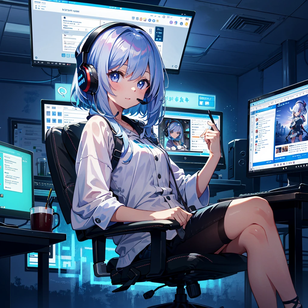 {{{Masterpiece, highest quality, high resolution background}}}, bright and beautiful atmosphere, 1 girl (2 years old, 1 short-tempered round face), small breasts, in front of a computer, wearing a headset, computer monitor A chat screen appears, a girl chatting happily, wearing clothes for going out, sitting on a computer chair, "deltamon_sdXL :0.73) >Deltamon"